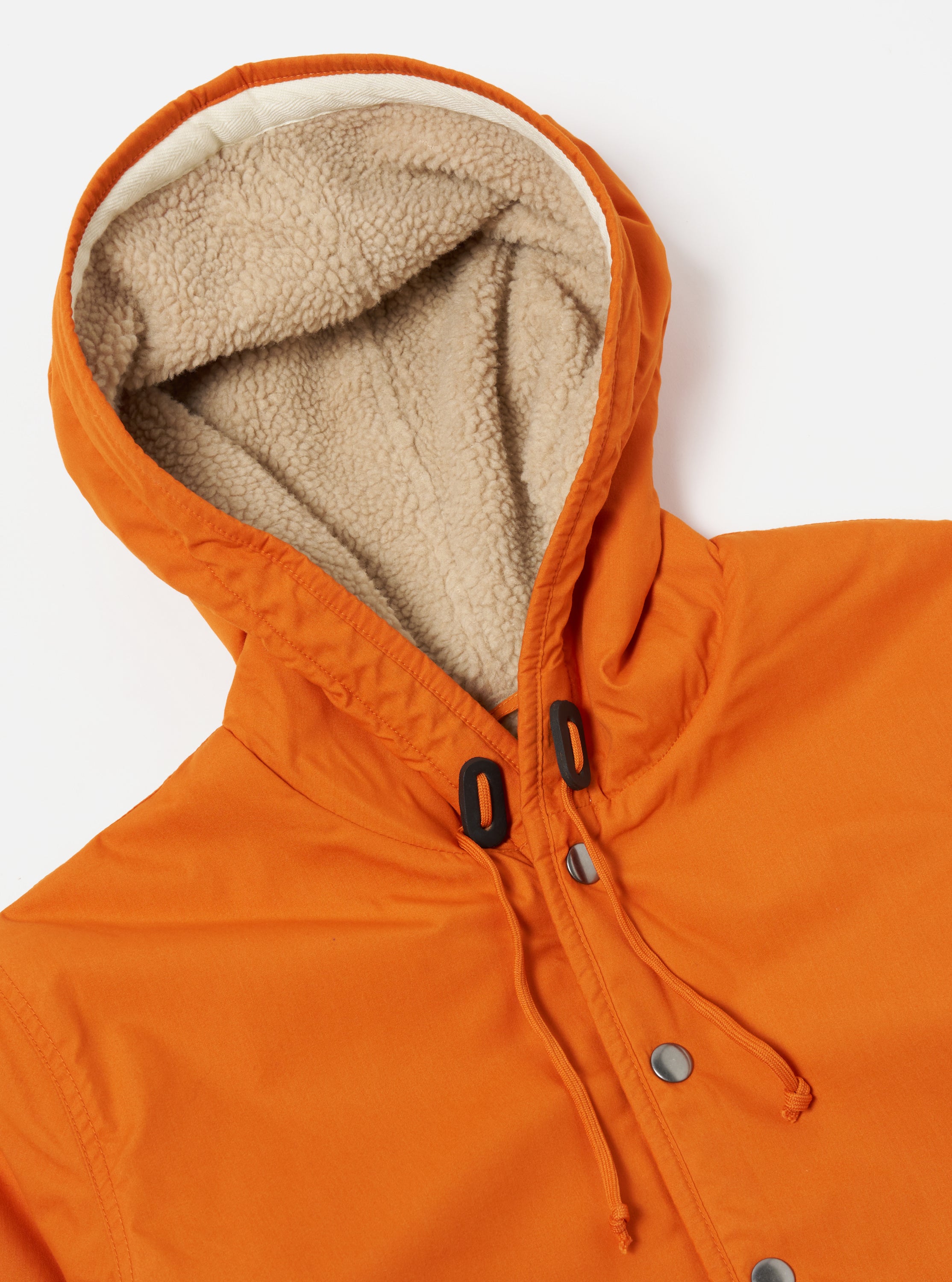 Universal Works Reversible Simple Hooded Jacket in Orange/Sand Recycled Poly Tech/Sherpa