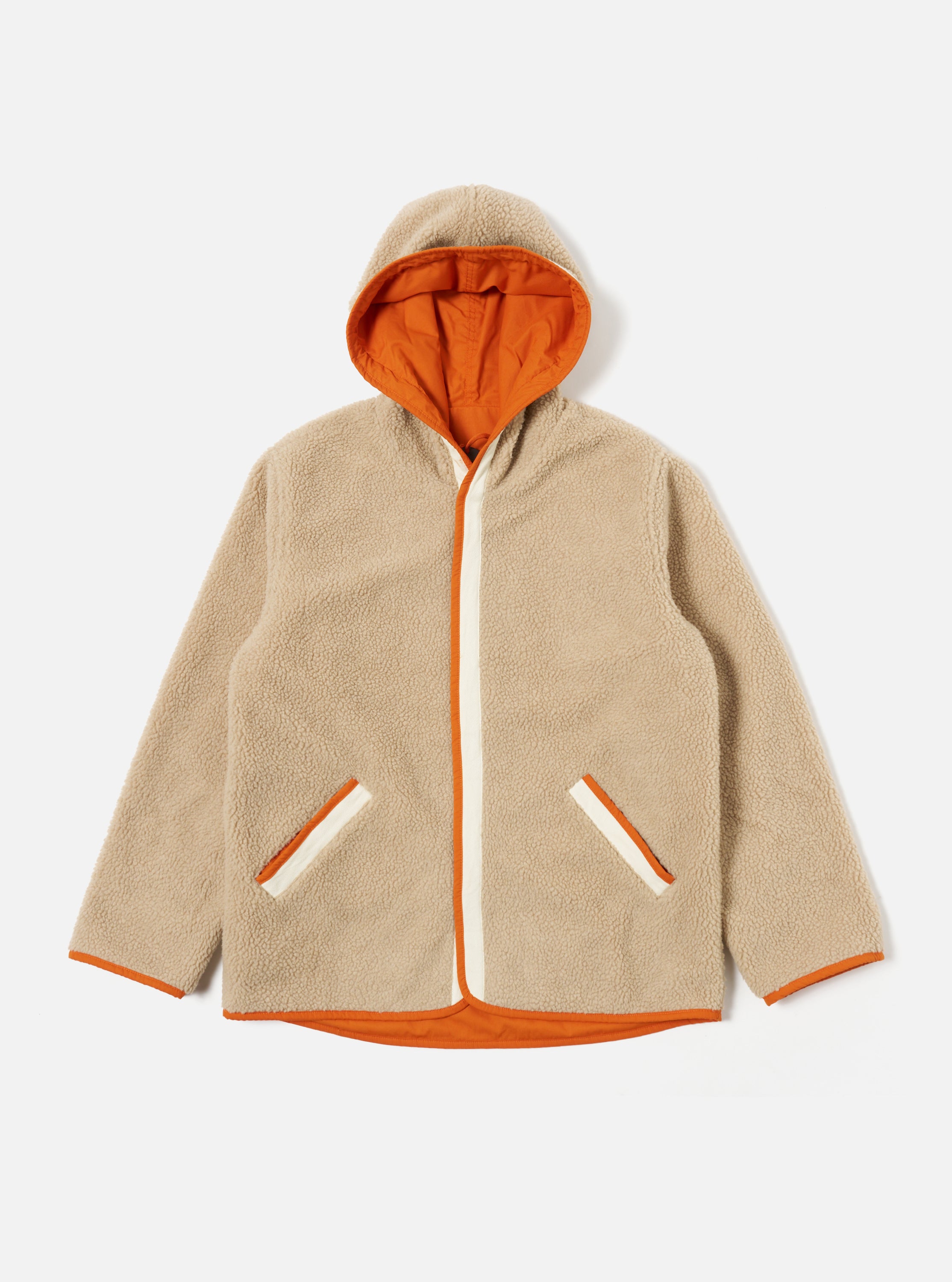 Universal Works Reversible Simple Hooded Jacket in Orange/Sand Recycled Poly Tech/Sherpa