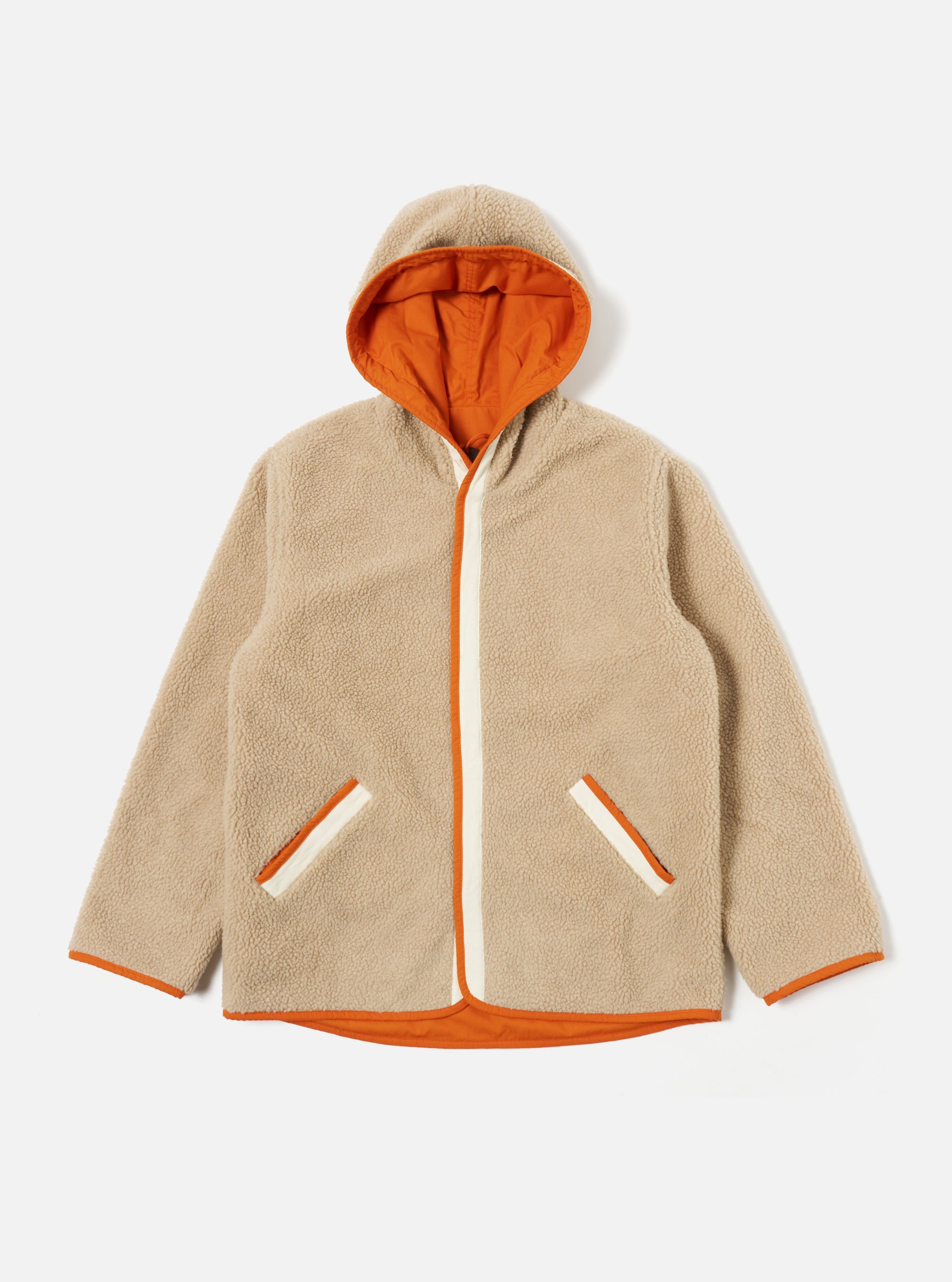 Universal Works Reversible Simple Hooded Jacket in Orange/Sand Recycled Polytech/Sherpa