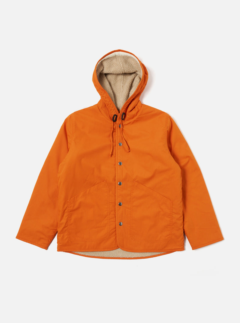 Universal Works Reversible Simple Hooded Jacket in Orange/Sand Recycled Poly Tech/Sherpa