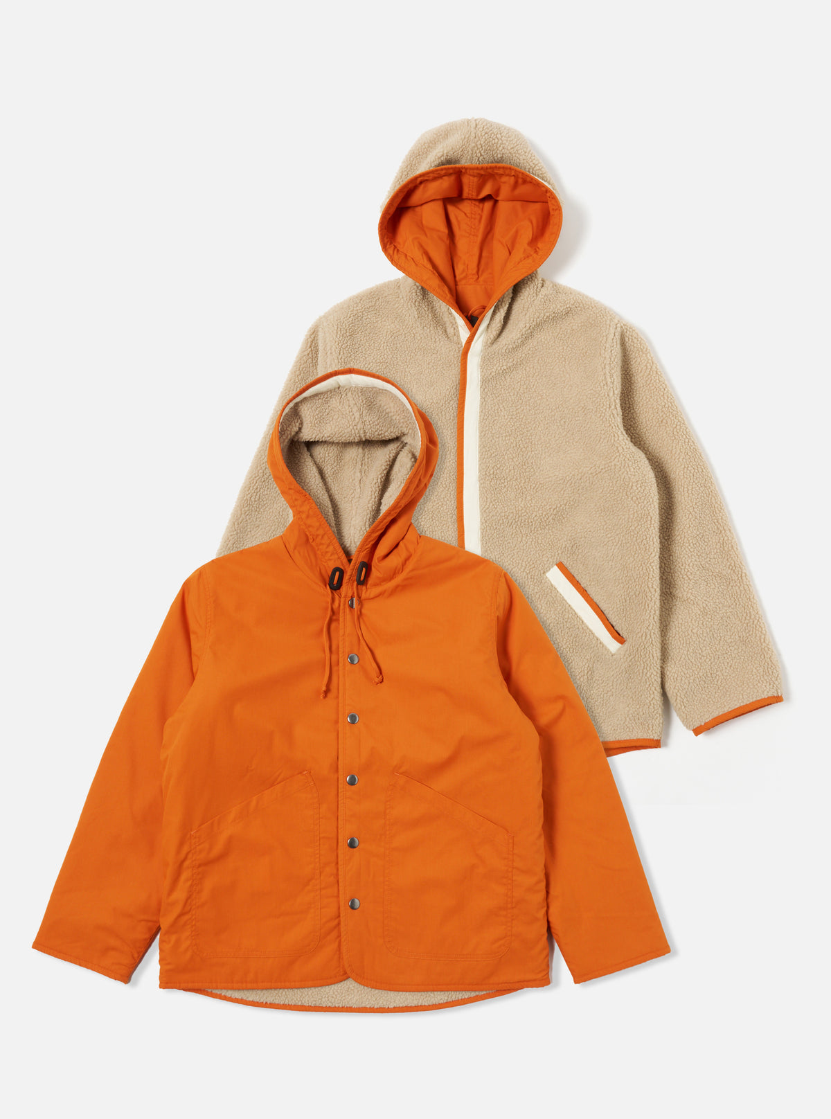 Universal Works Reversible Simple Hooded Jacket in Orange/Sand Recycled Polytech/Sherpa