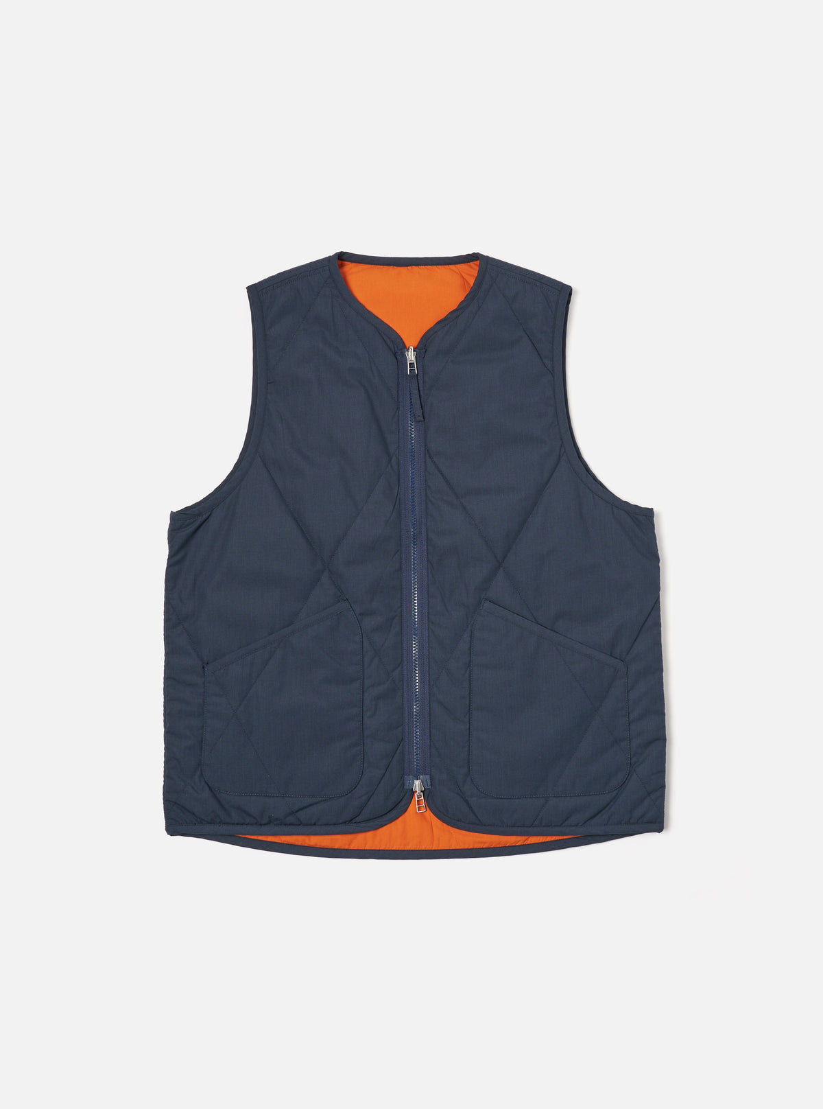 Universal Works Reversible Military Liner Gilet in Navy/Orange Recycled Polytech