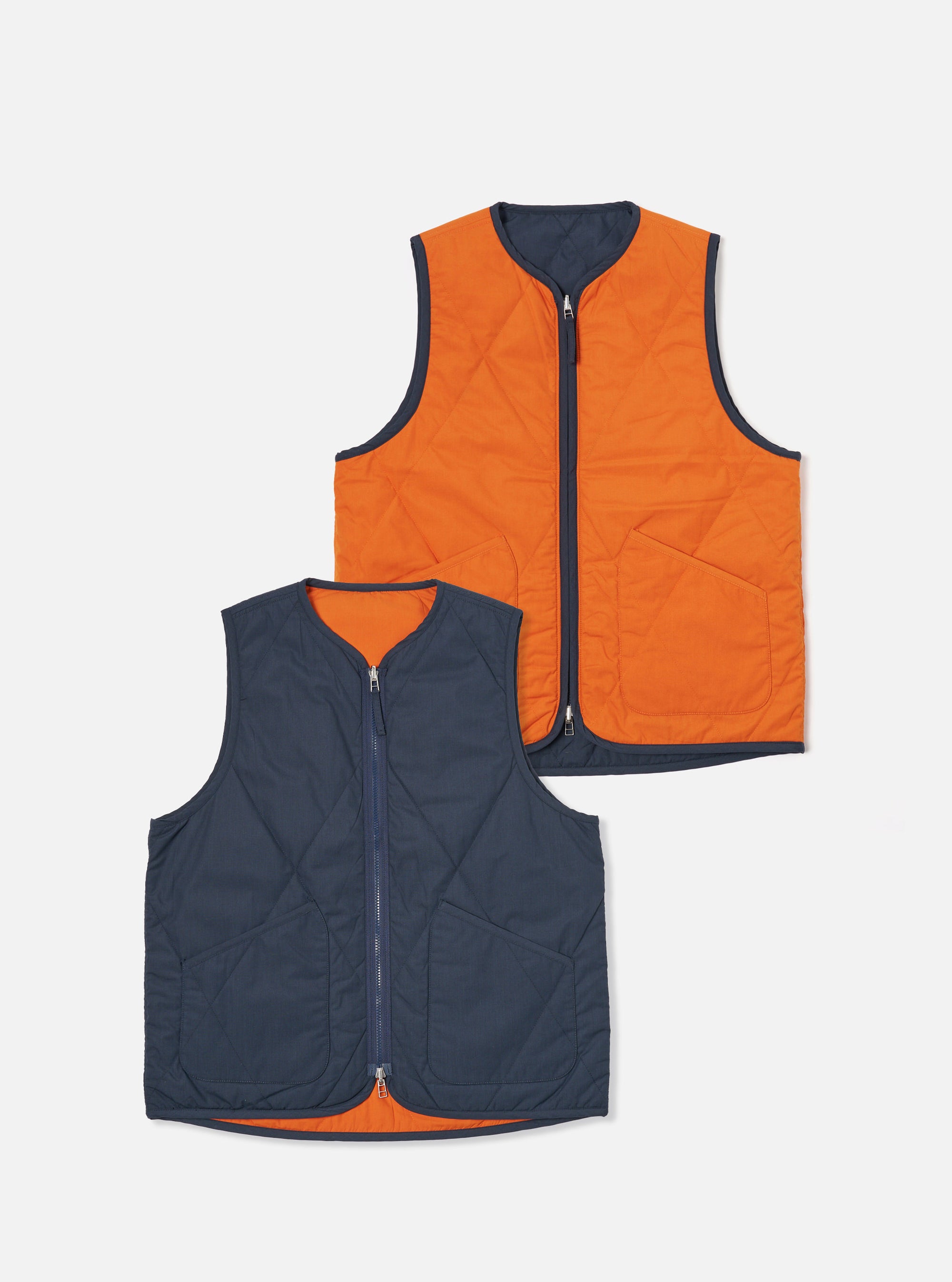 Universal Works Reversible Military Liner Gilet in Navy/Orange Recycled Polytech