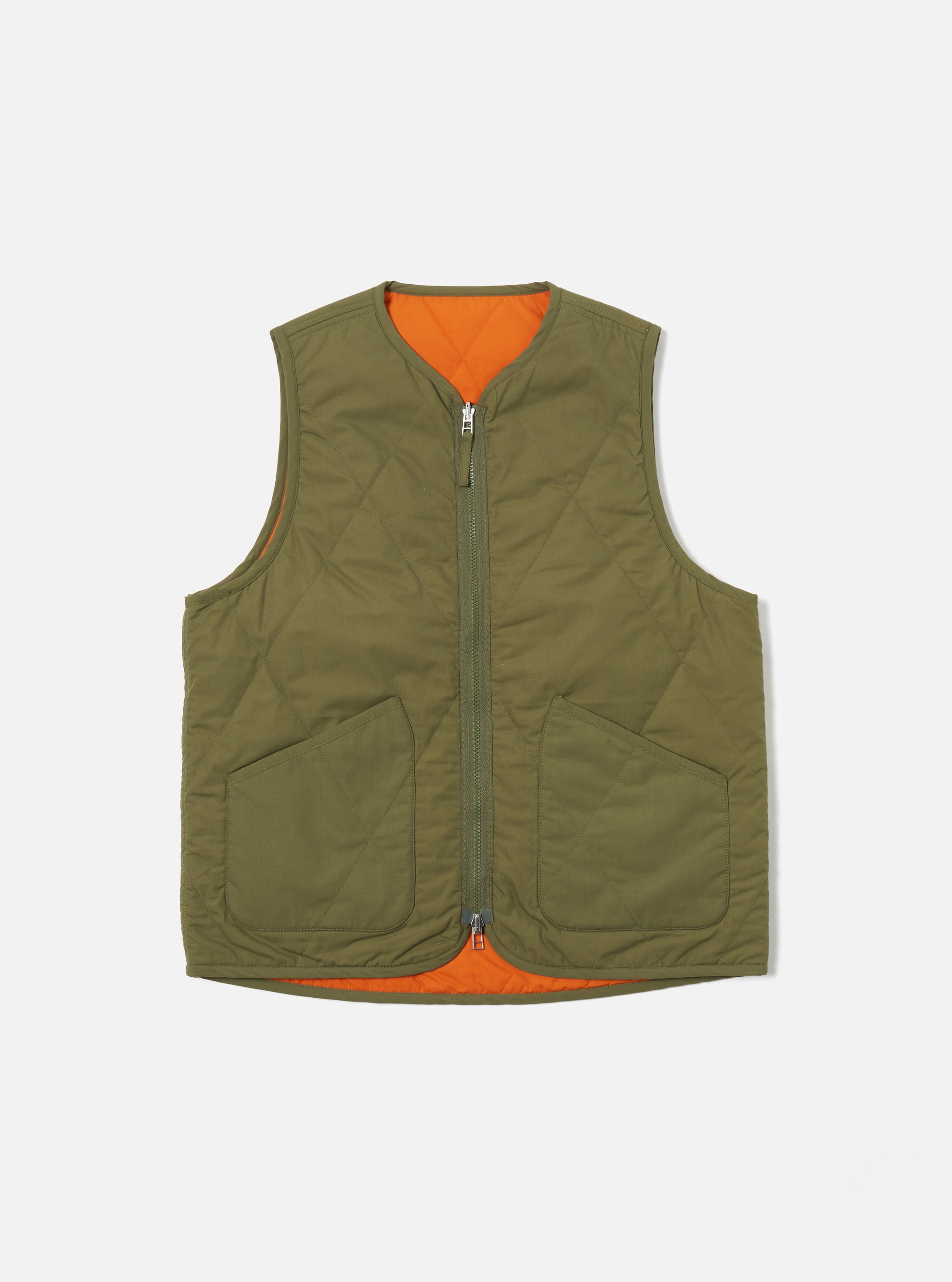 Universal Works Reversible Military Liner Gilet in Olive/Orange Recycled Polytech