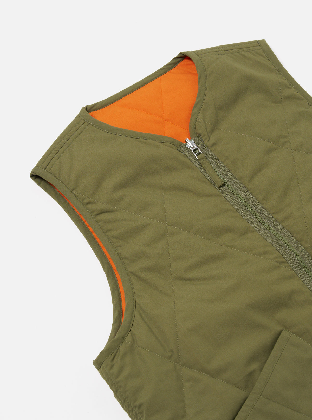 Universal Works Reversible Military Liner Gilet in Olive/Orange Recycled Polytech