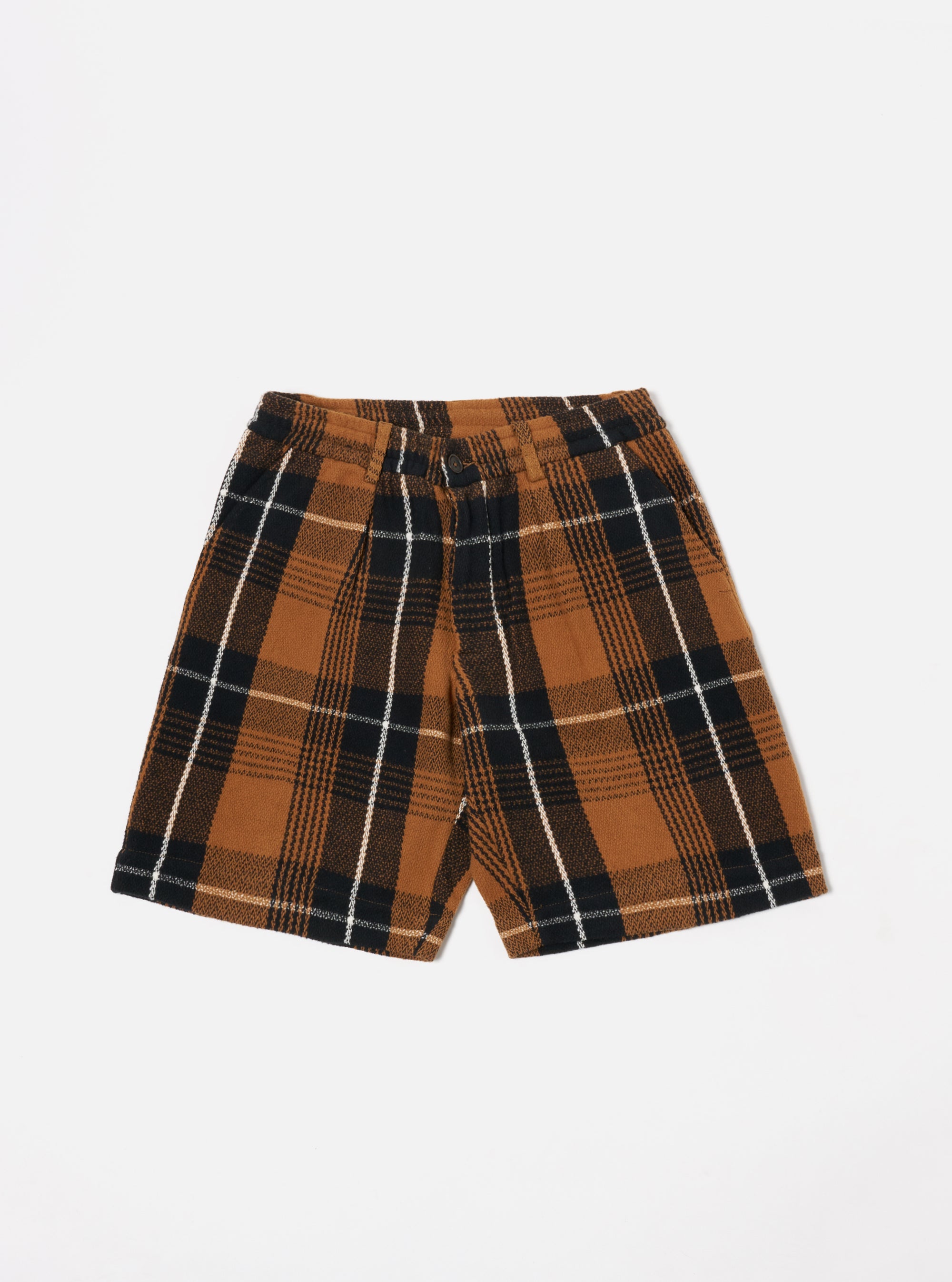 Universal Works Pleated Track Short in Brown Earth II Check