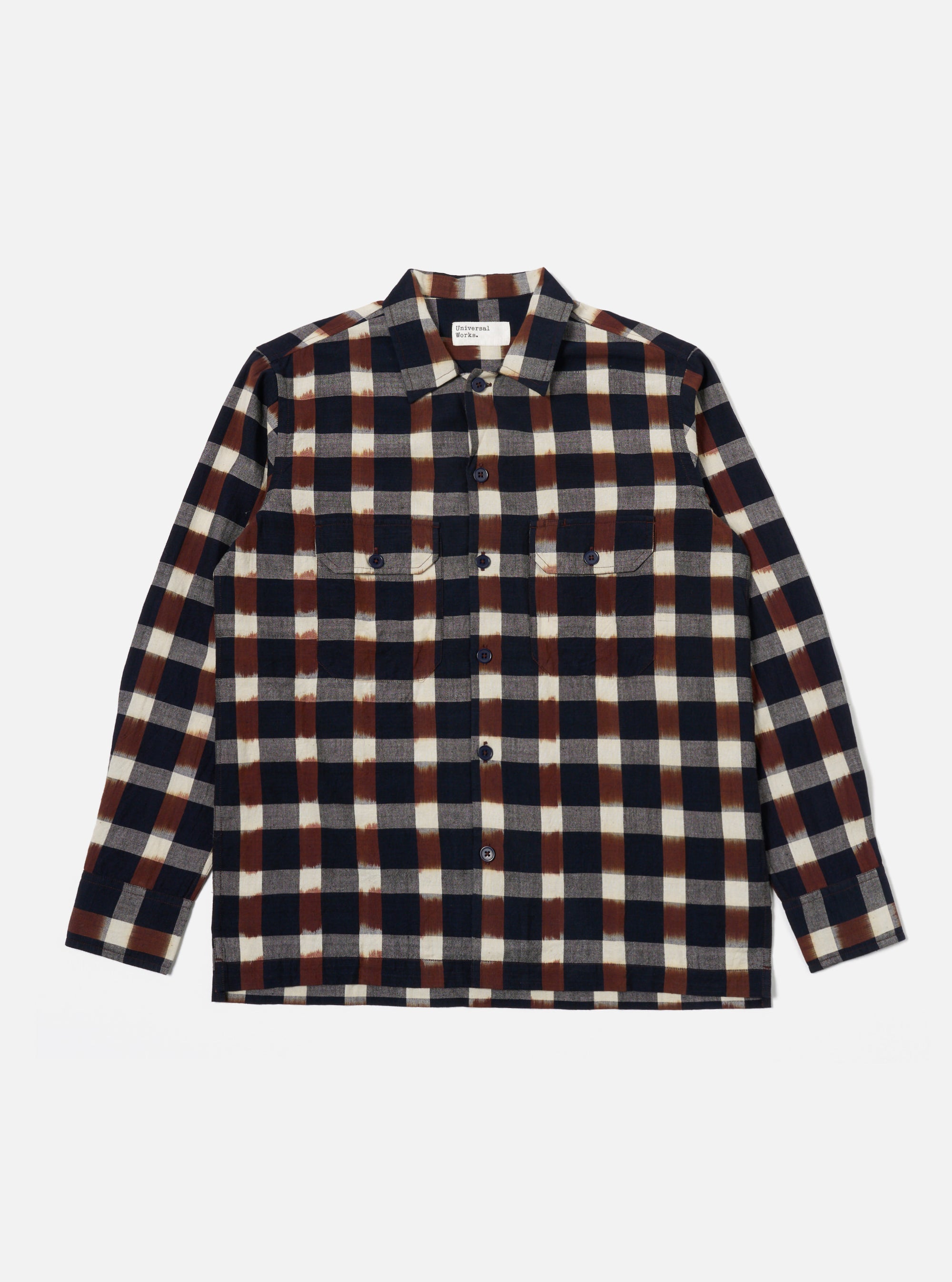 Universal Works L/S Utility Shirt in Navy/Brown Check Ikat