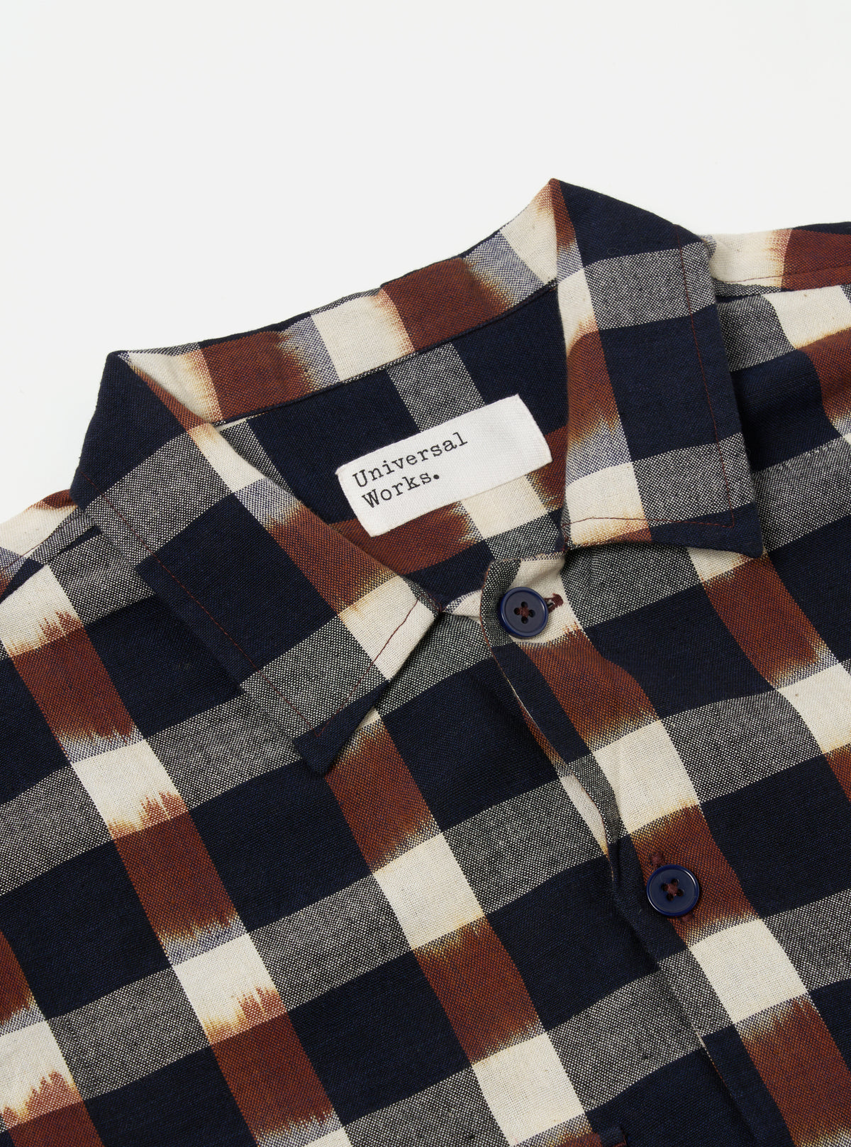 Universal Works L/S Utility Shirt in Navy/Brown Check Ikat