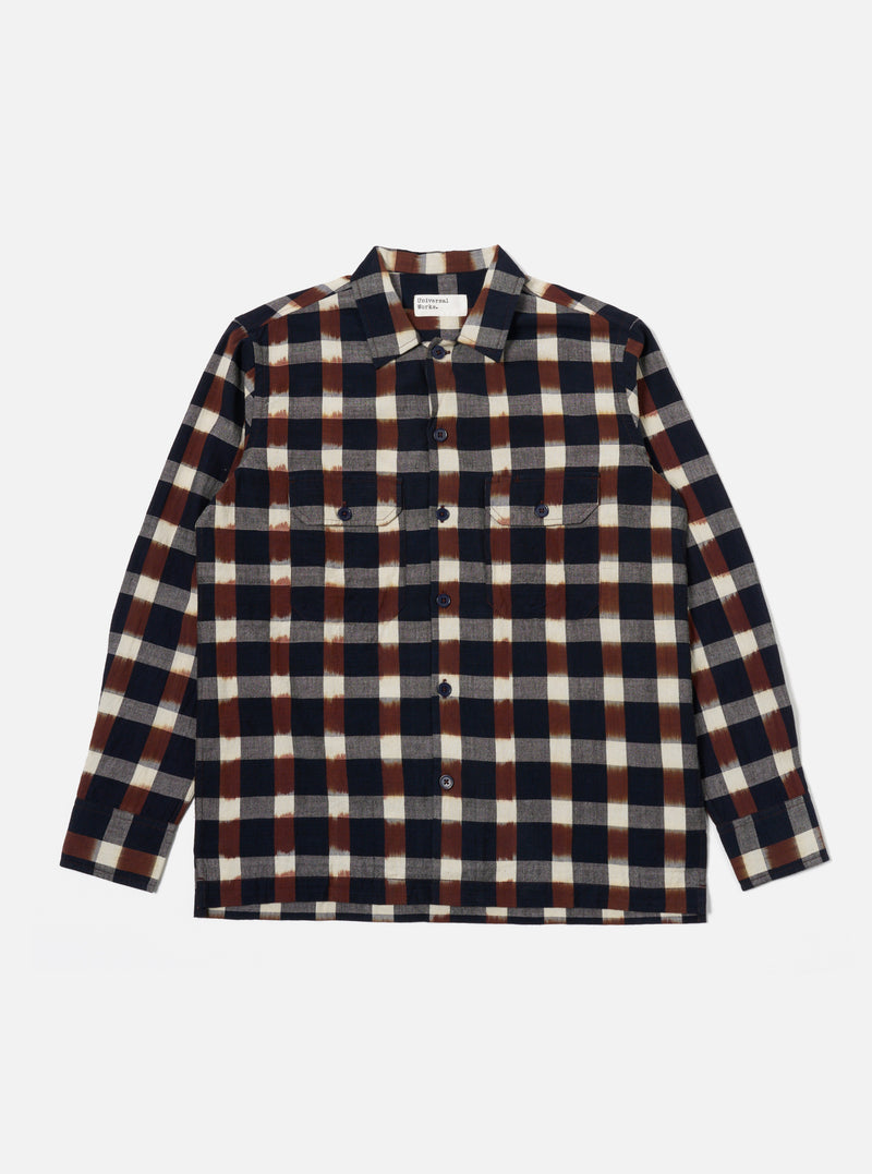 Universal Works L/S Utility Shirt in Navy/Brown Check Ikat