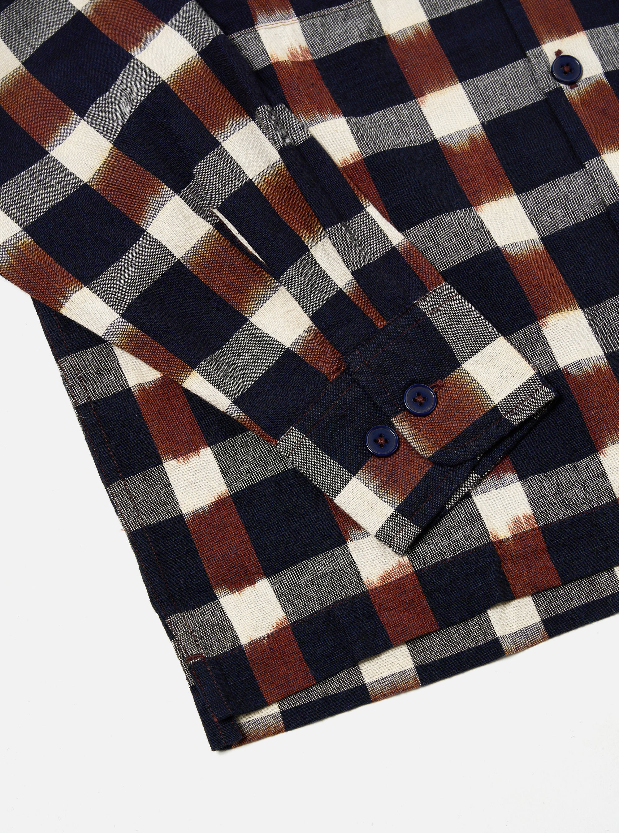 Universal Works L/S Utility Shirt in Navy/Brown Check Ikat