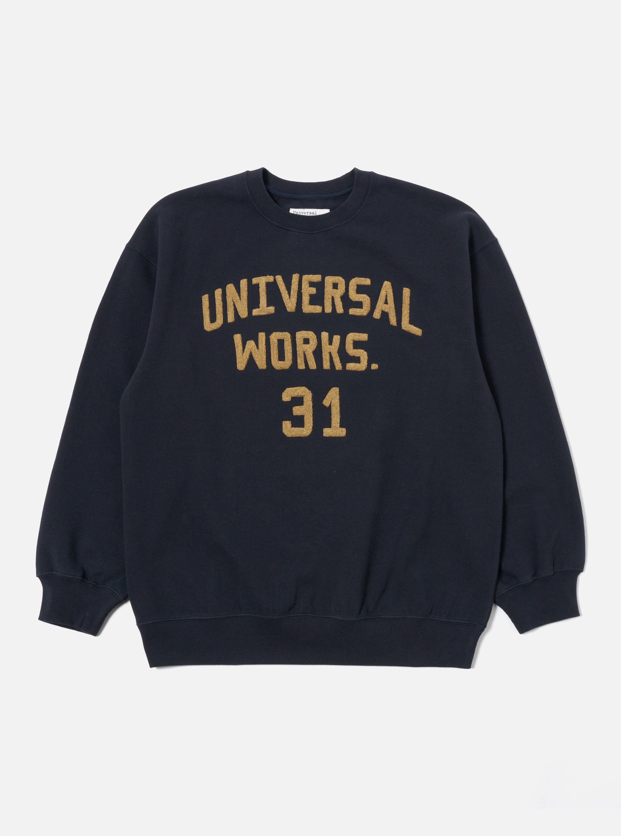 Universal Works Embroidered Sweatshirt in Navy Brush Back Sweat