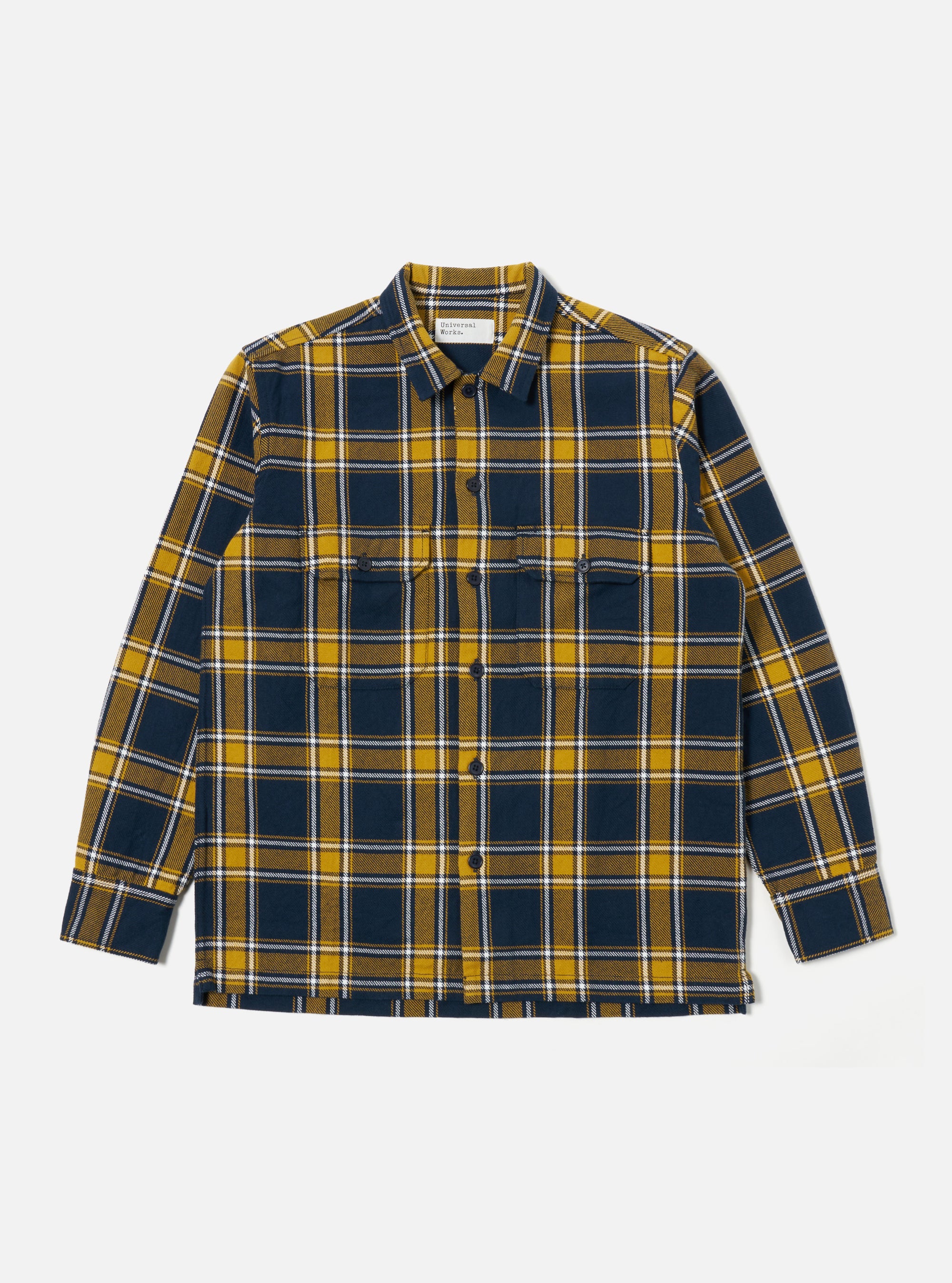 Universal Works L/S Utility Shirt in Yellow/Navy Twill Check Tartan