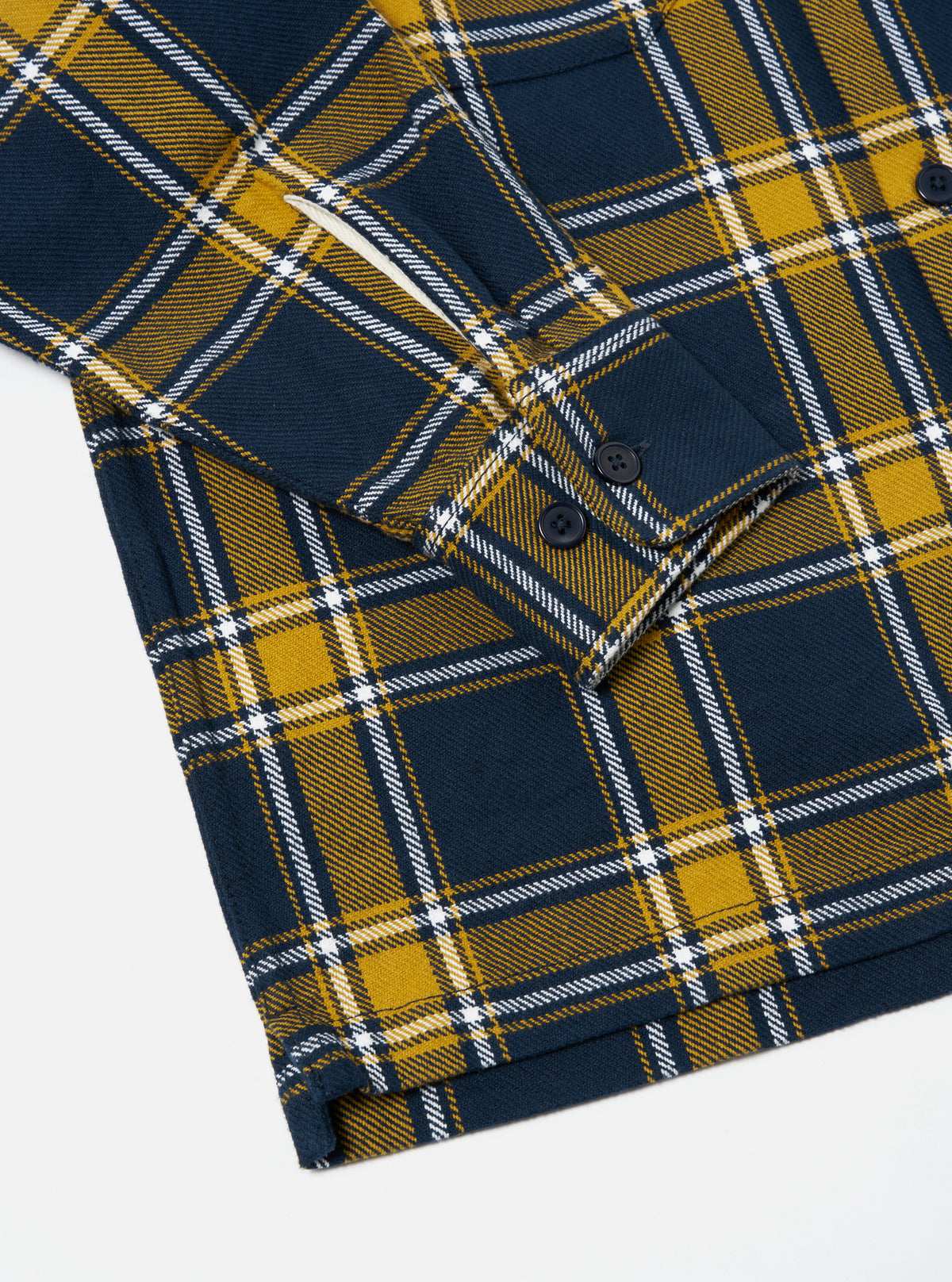 Universal Works L/S Utility Shirt in Yellow/Navy Twill Check Tartan