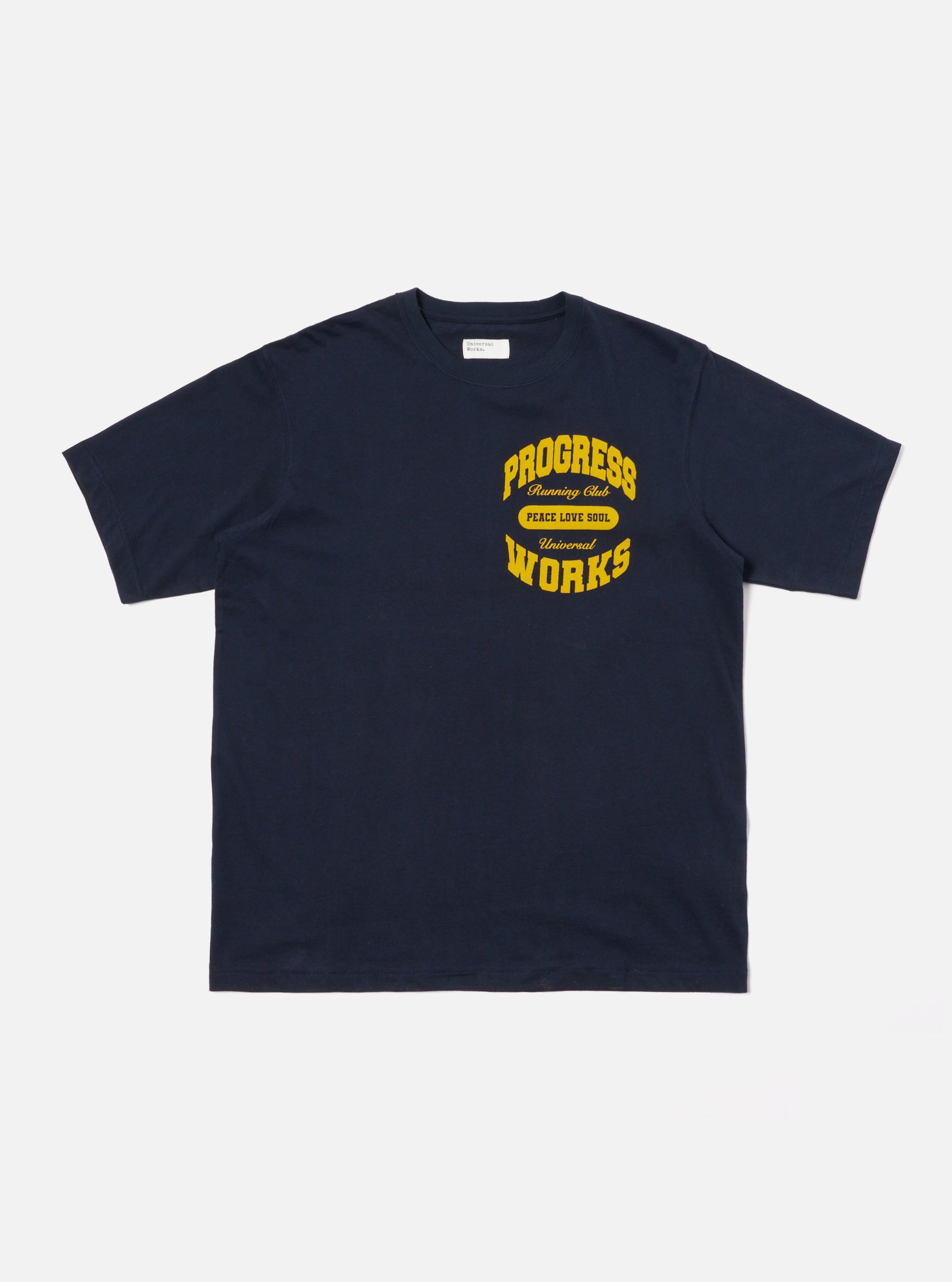 Universal Works x Progress Running Club Print Tee in Navy Single Jersey