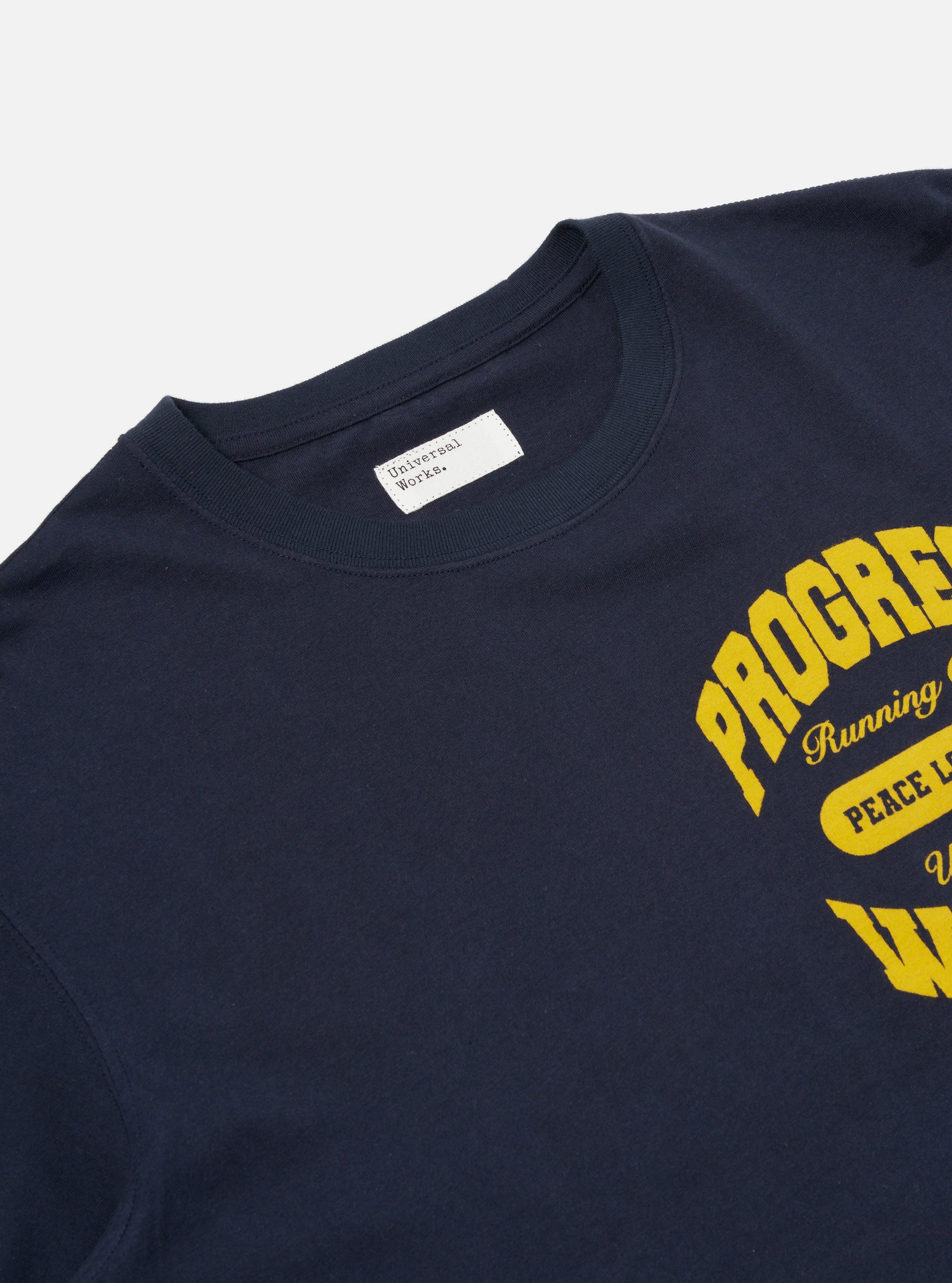 Universal Works x Progress Running Club Print Tee in Navy Single Jersey