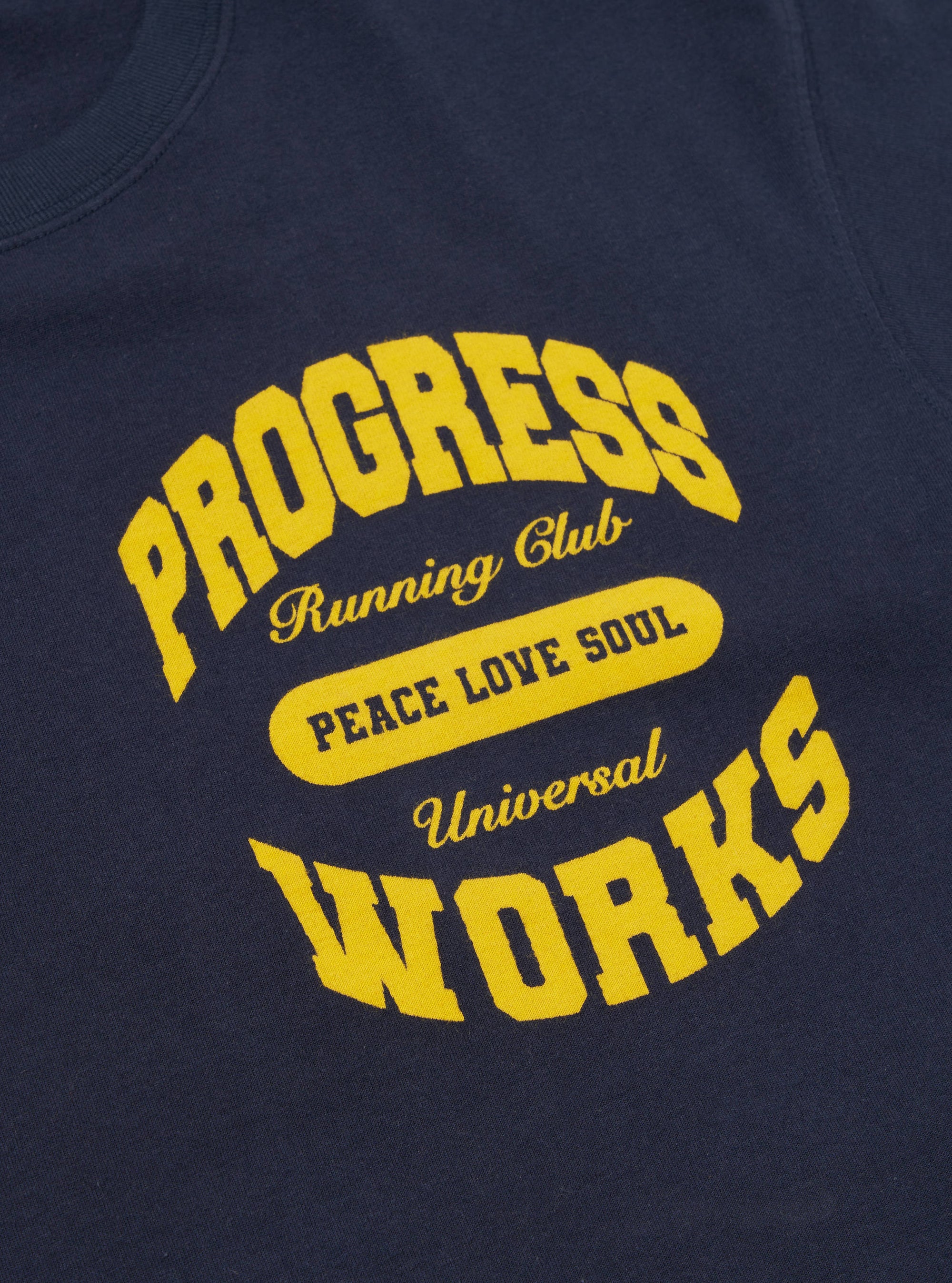 Universal Works x Progress Running Club Print Tee in Navy Single Jersey