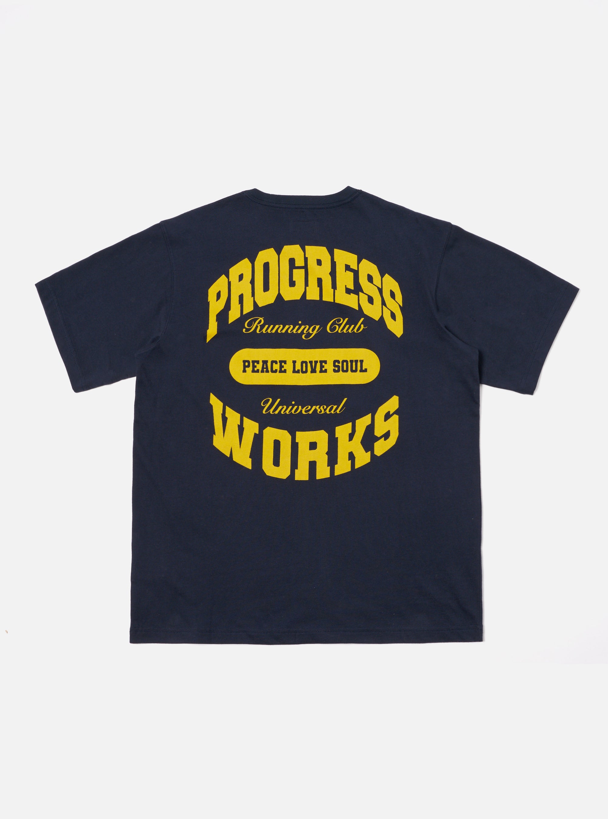 Universal Works x Progress Running Club Print Tee in Navy Single Jersey