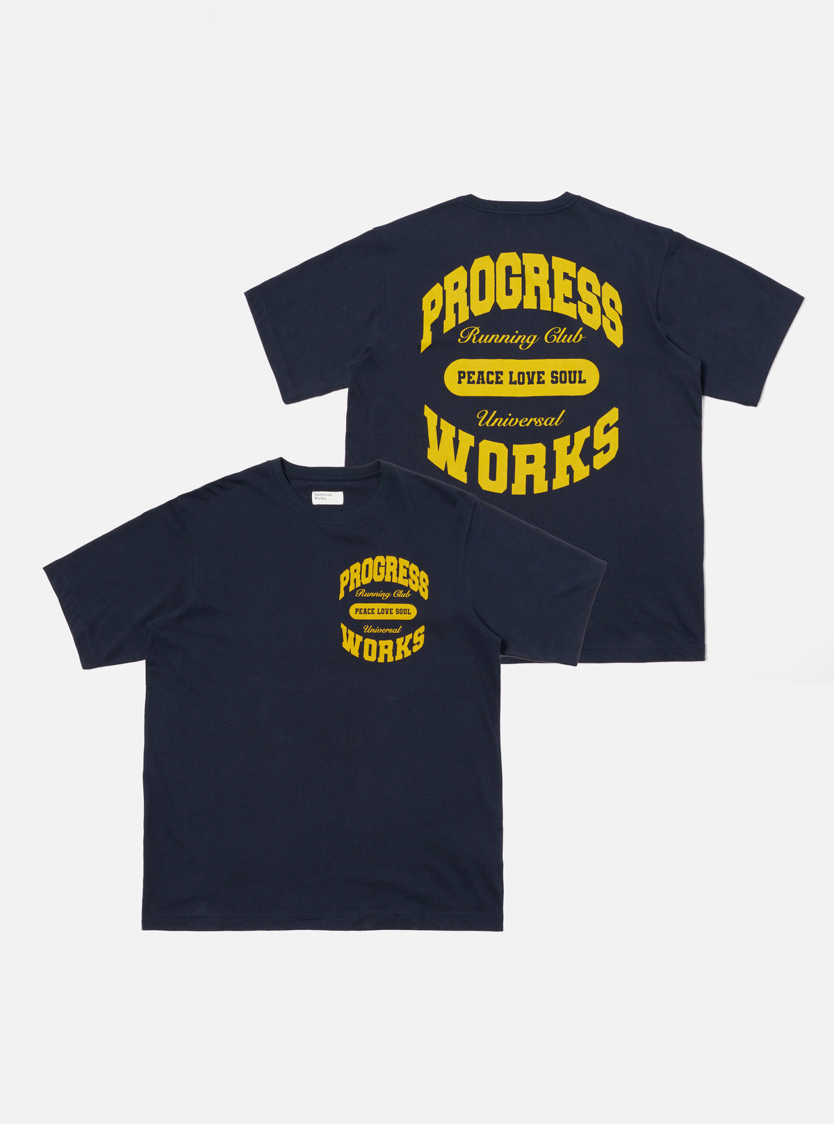 Universal Works x Progress Running Club Print Tee in Navy Single Jersey