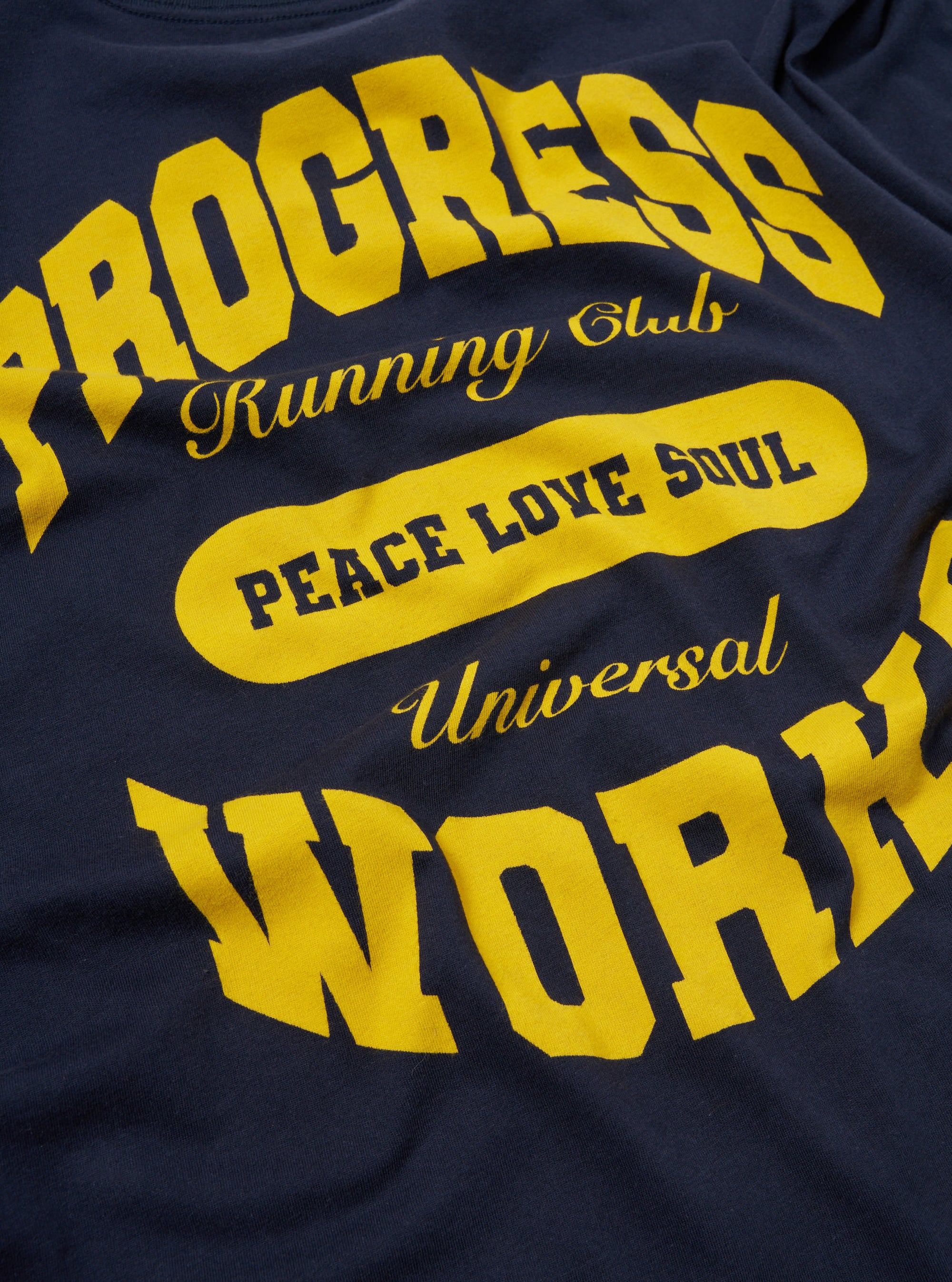 Universal Works x Progress Running Club Print Tee in Navy Single Jersey