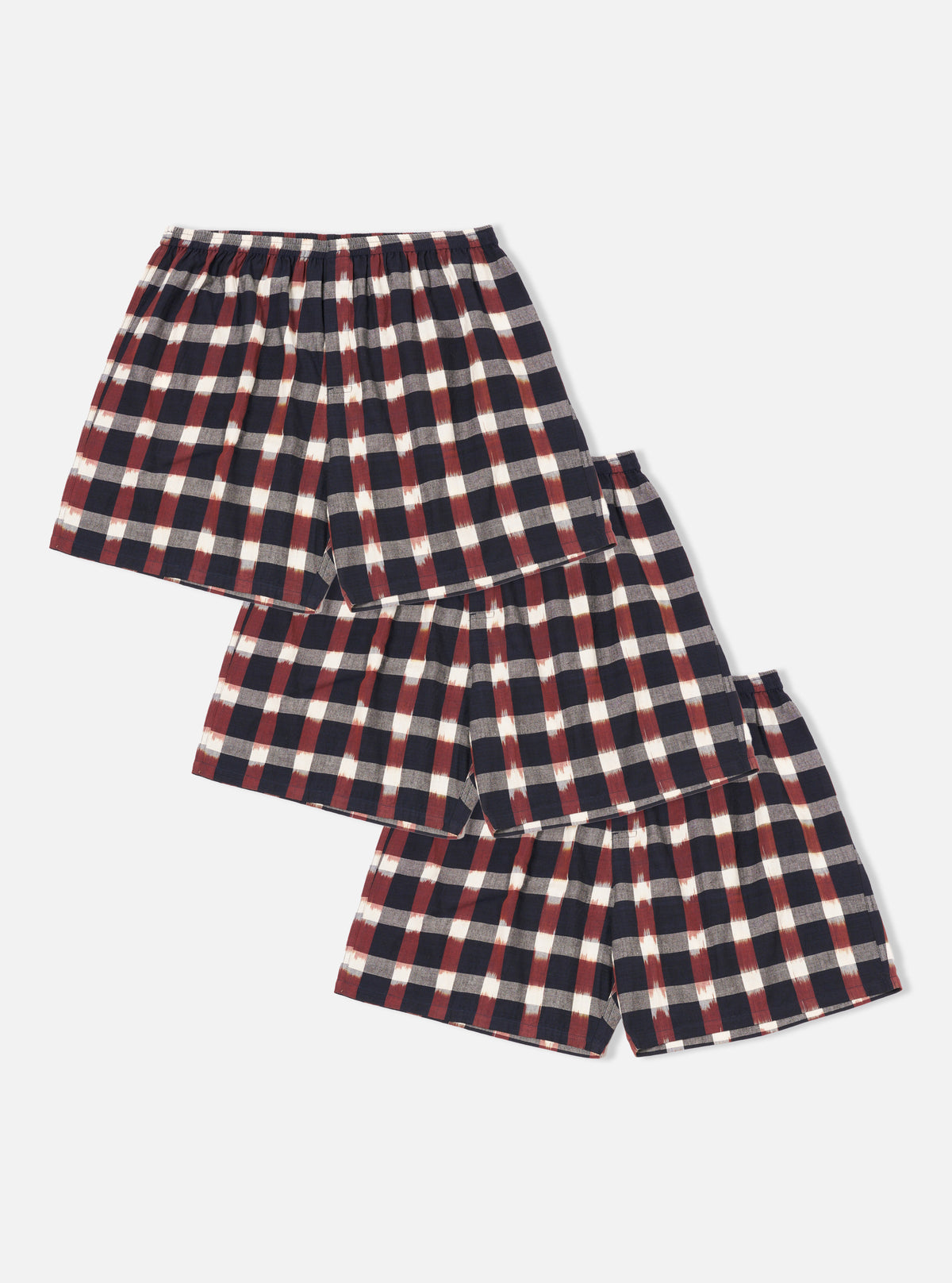 Universal Works 3 Pack Boxer Short in Navy/Brown Check Ikat