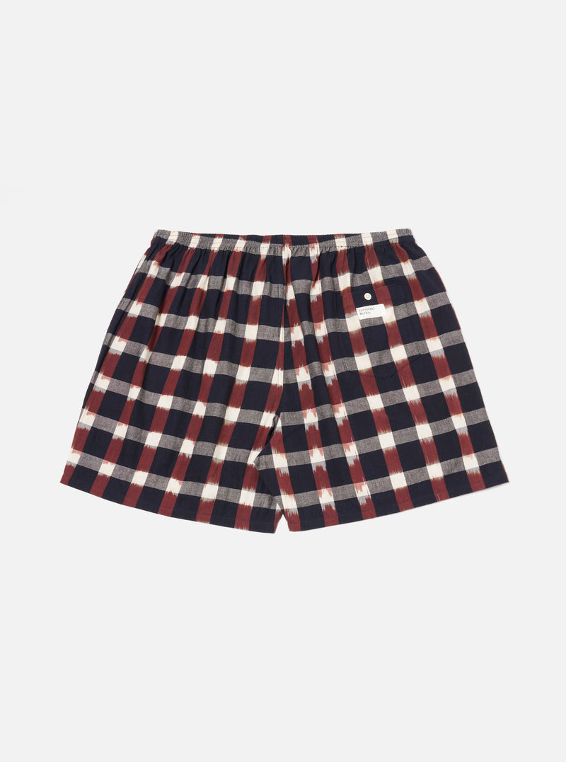 Universal Works Boxer Short in Navy/Brown Check Ikat