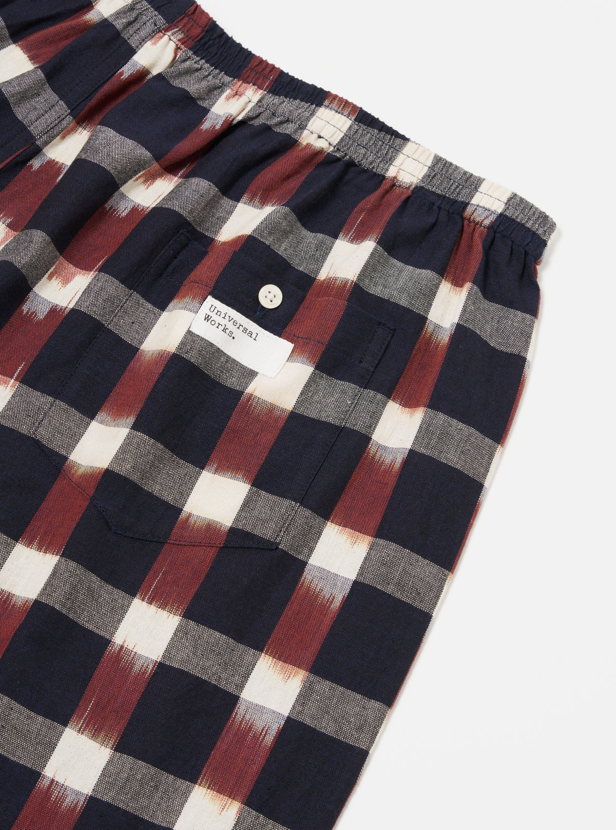 Universal Works Boxer Short in Navy/Brown Check Ikat