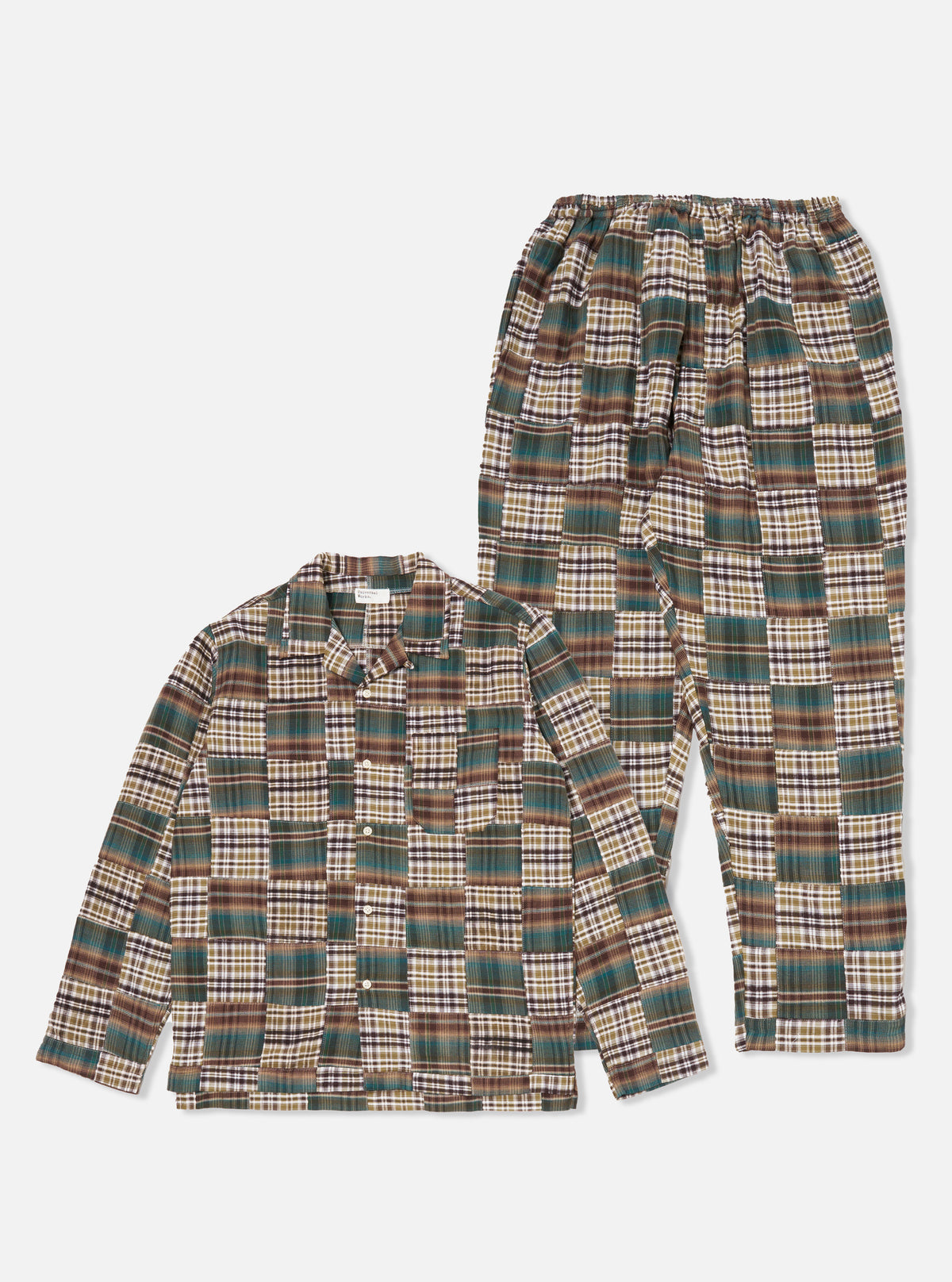 Universal Works Long Pyjama Set in Green/Brown Patchwork Madras