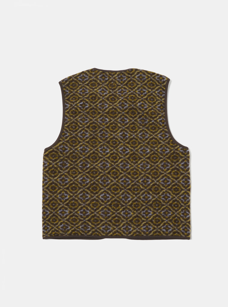 Universal Works Zip Gilet in Brown Geometric Fleece