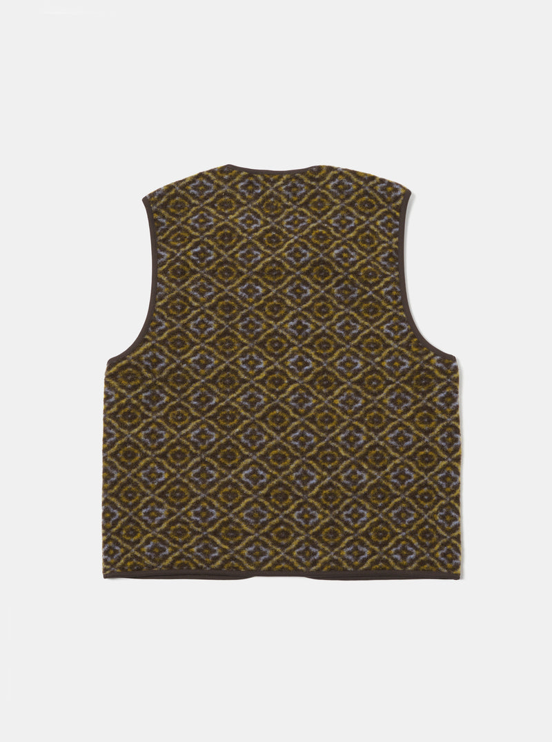 Universal Works Zip Gilet in Brown Geometric Fleece