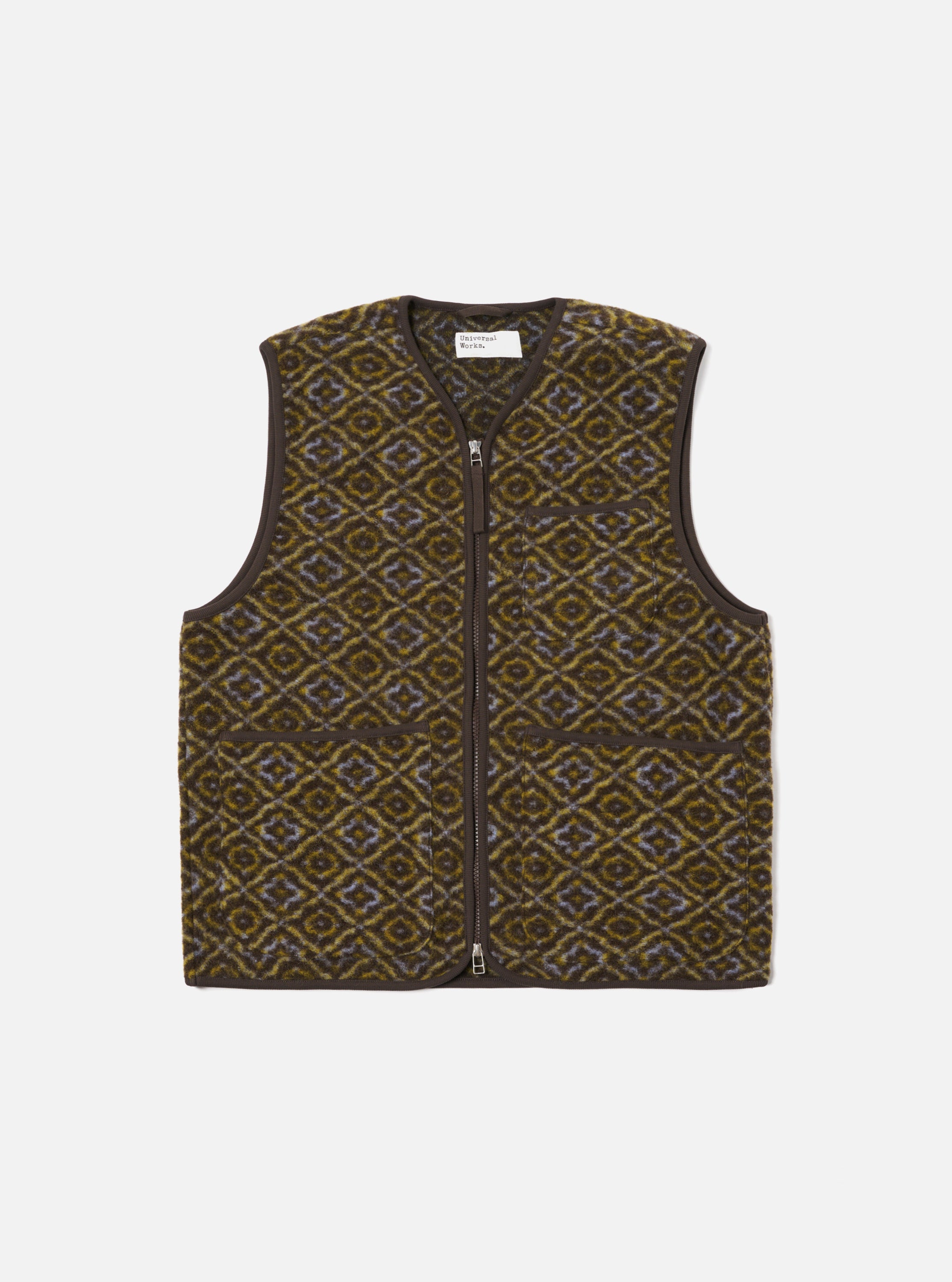 Universal Works Zip Gilet in Brown Geometric Fleece