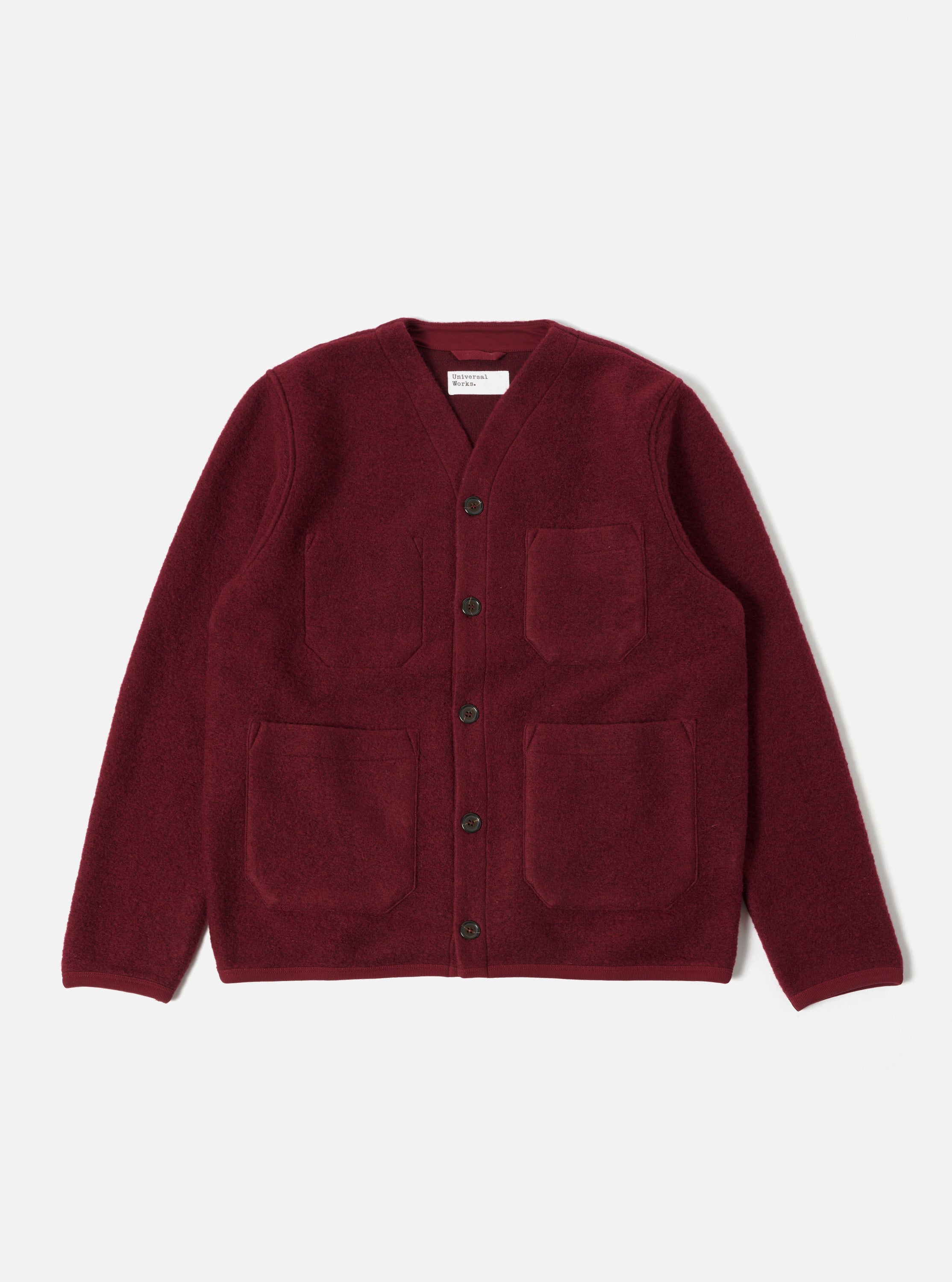 Universal Works Cardigan in Deep Red Wool Fleece