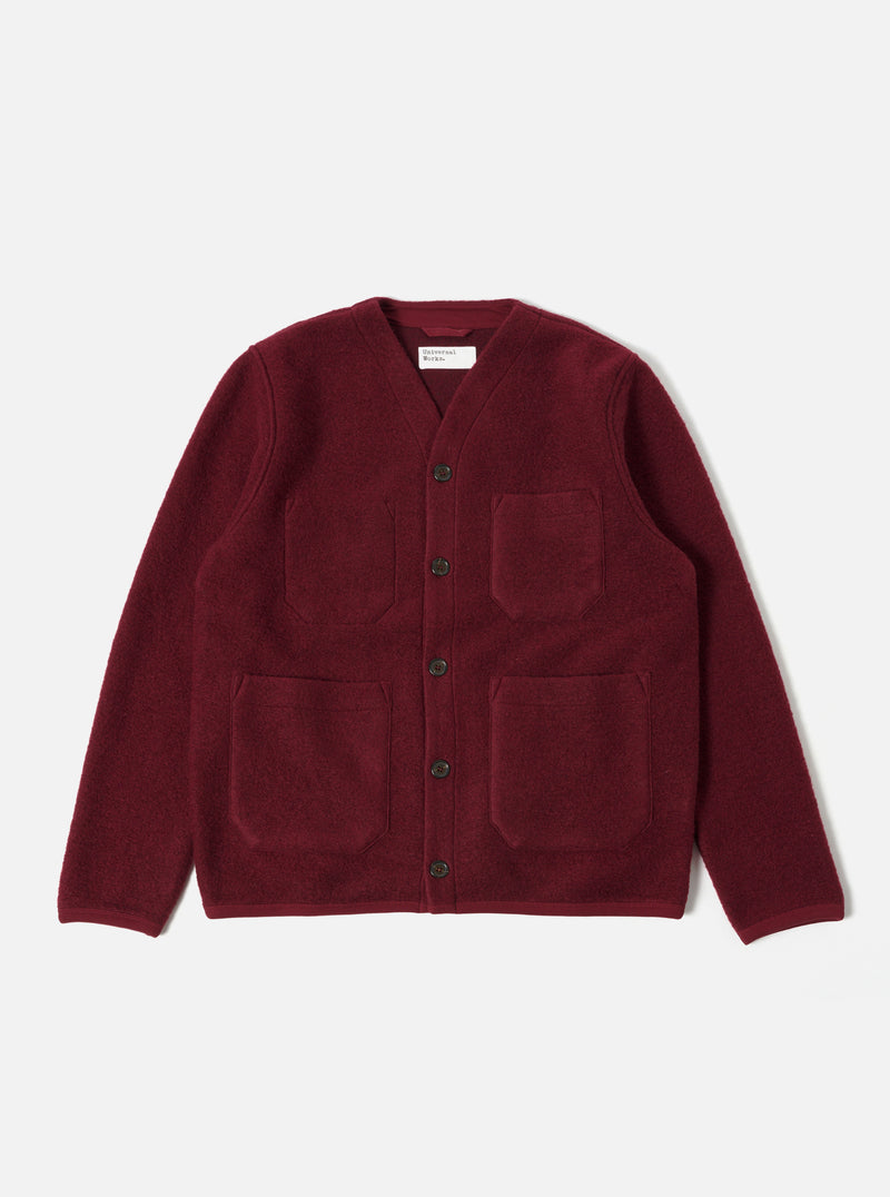 Universal Works Cardigan in Deep Red Wool Fleece