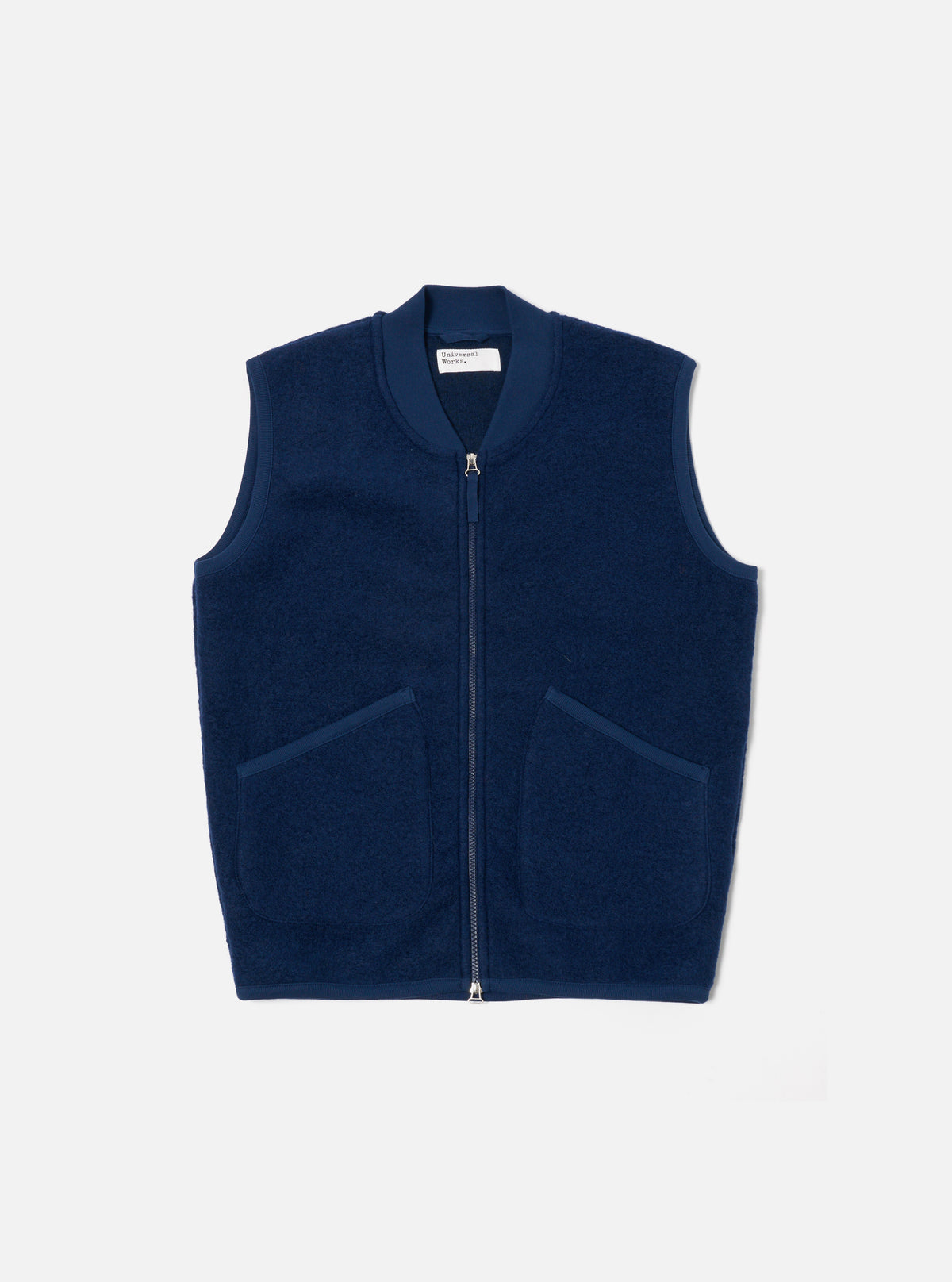 Universal Works Zip Waistcoat in Indigo Wool Fleece