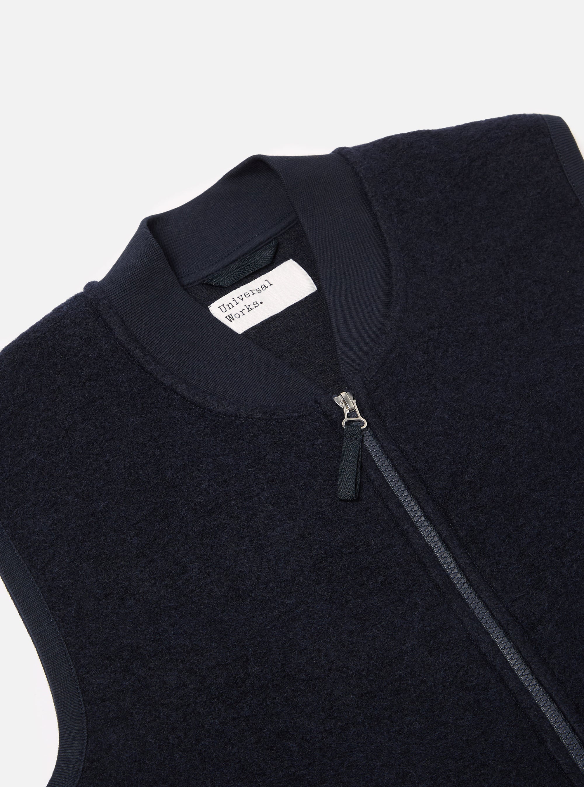 Universal Works Zip Waistcoat in Navy Wool Fleece