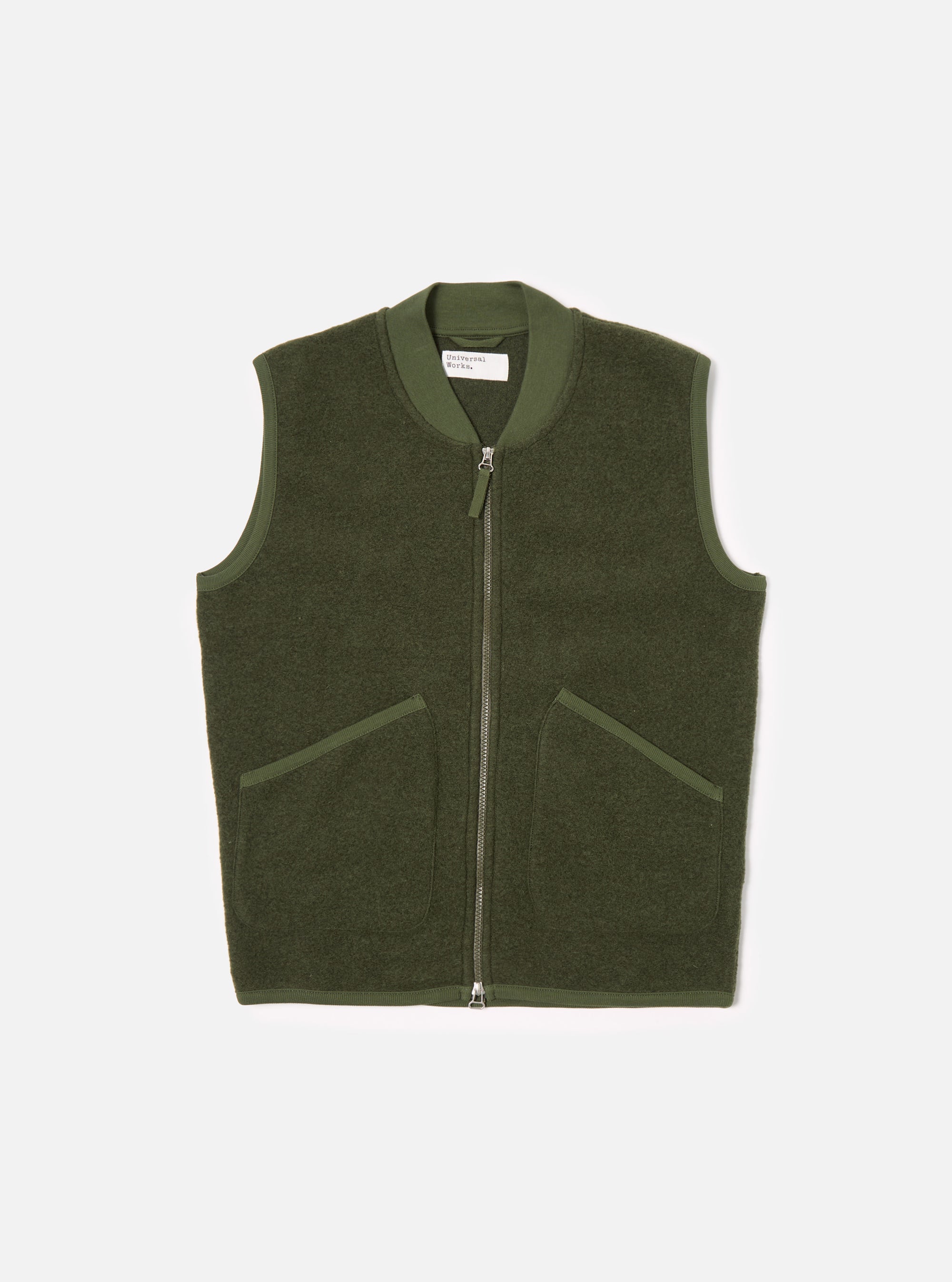 Universal Works Zip Waistcoat in Olive Wool Fleece