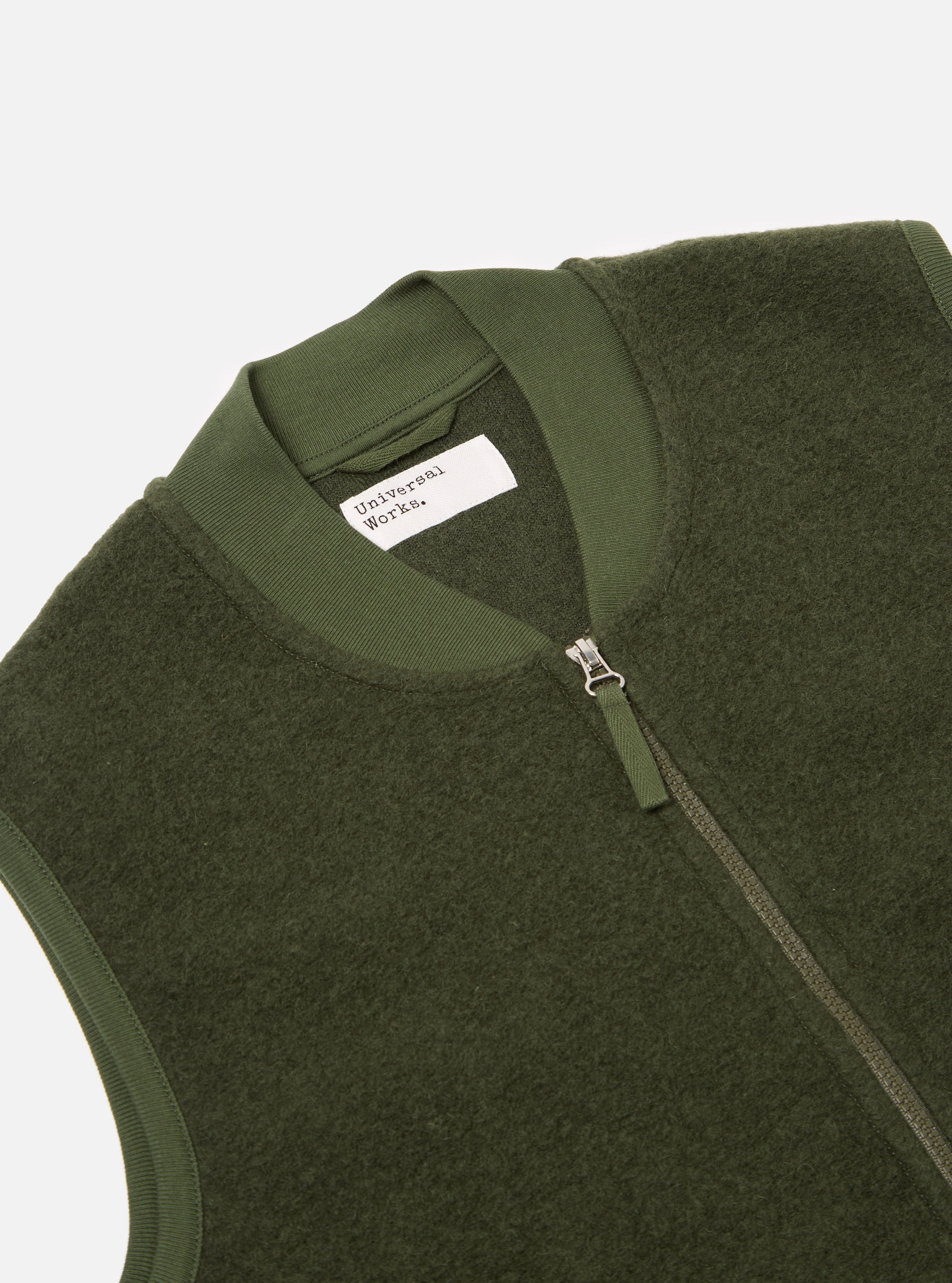 Universal Works Zip Waistcoat in Olive Wool Fleece