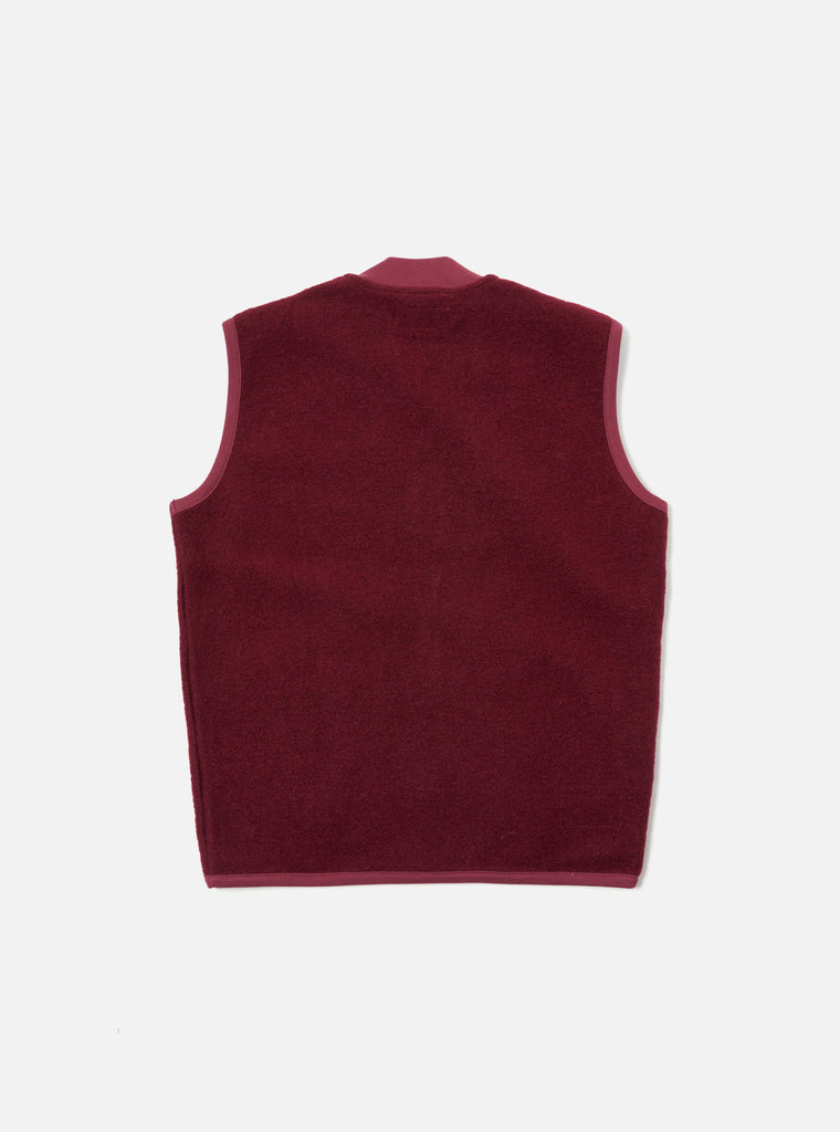 Universal Works Zip Waistcoat in Deep Red Wool Fleece