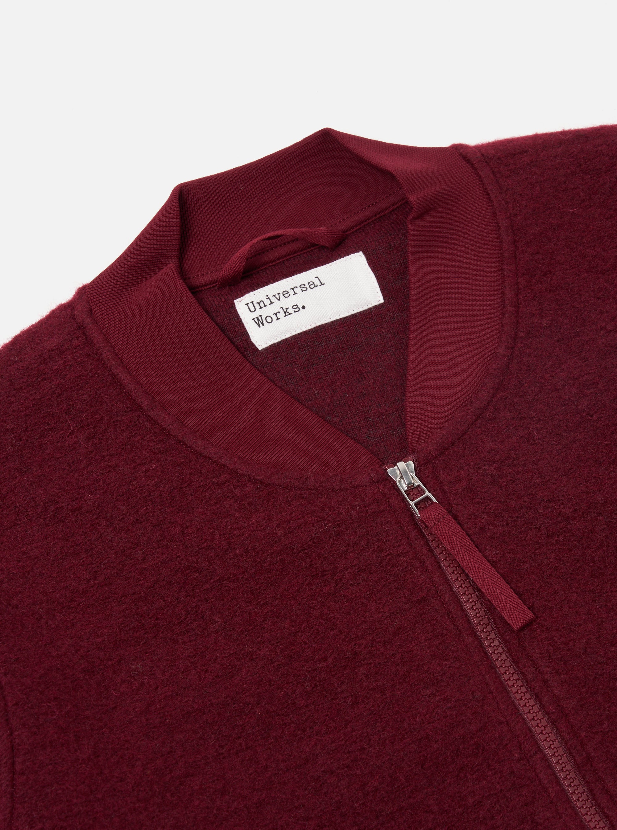 Universal Works Zip Bomber in Deep Red Wool Fleece