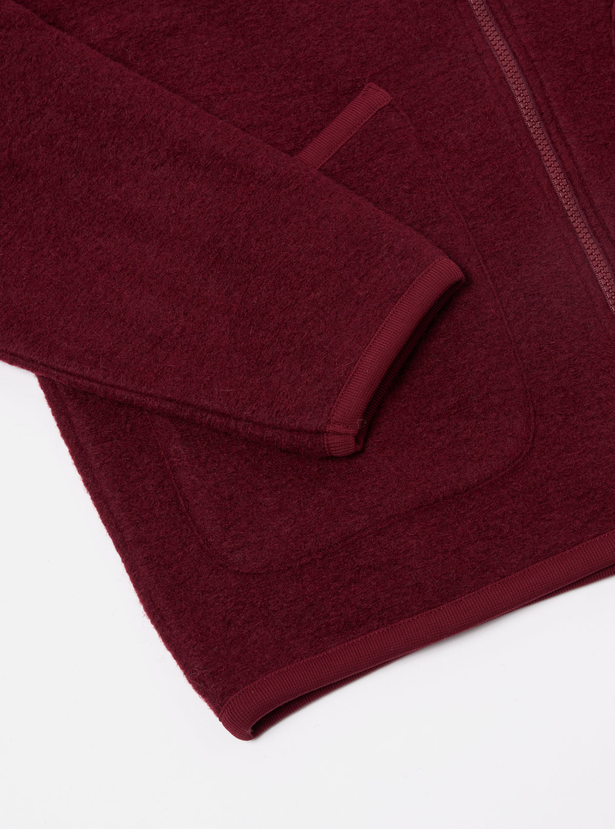 Universal Works Zip Bomber in Deep Red Wool Fleece