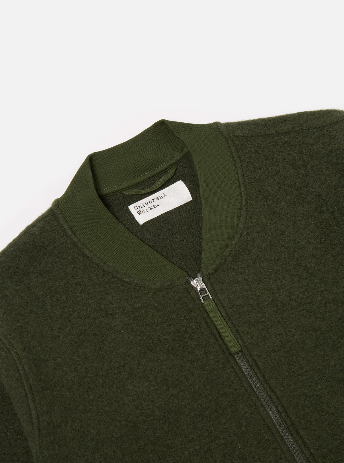 Universal Works Zip Bomber in Olive Wool Fleece