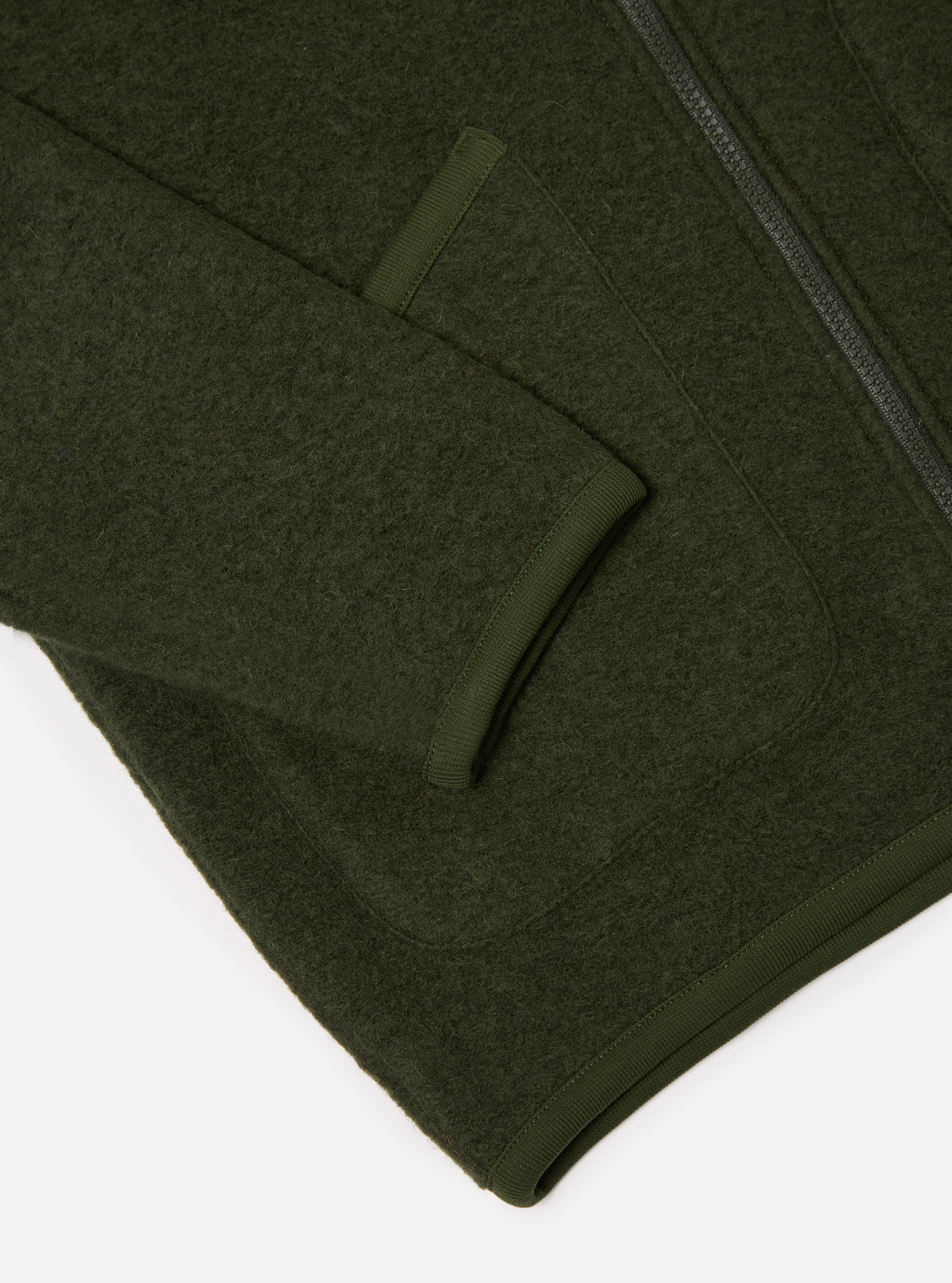 Universal Works Zip Bomber in Olive Wool Fleece