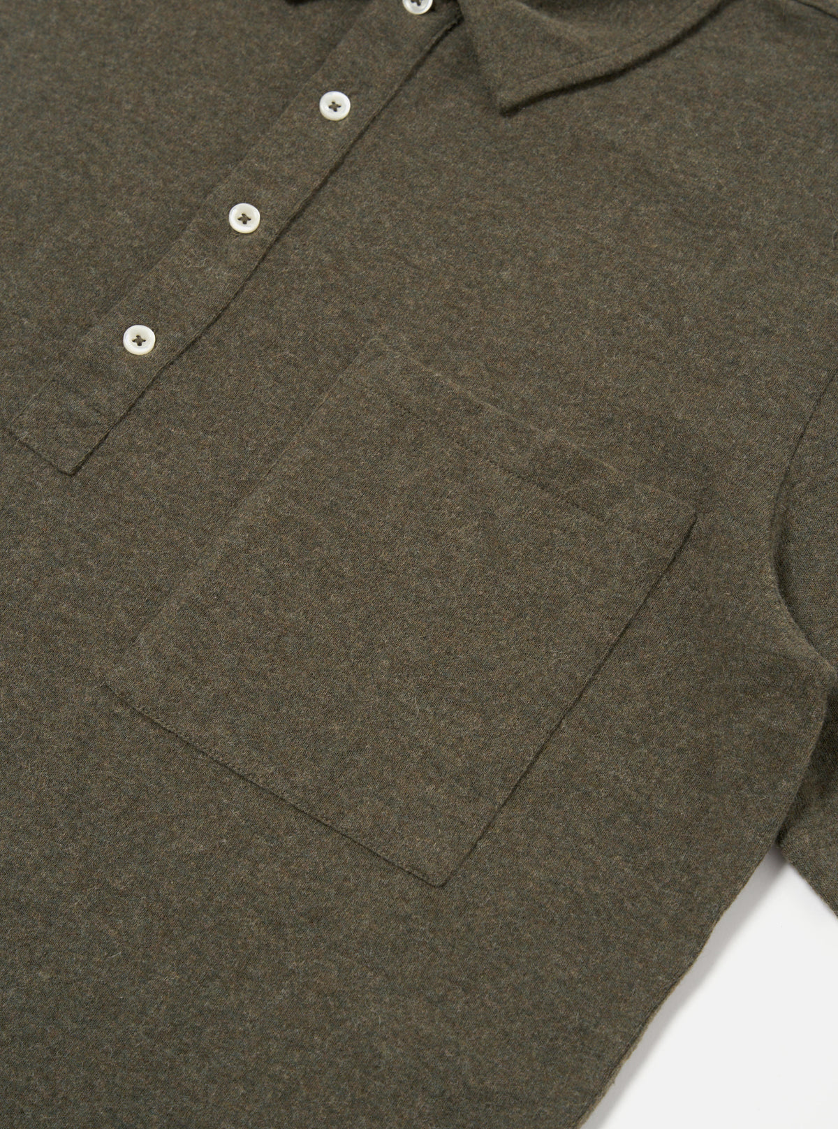 Universal Works Pullover S/S Shirt in Olive Recycled Wool Mix