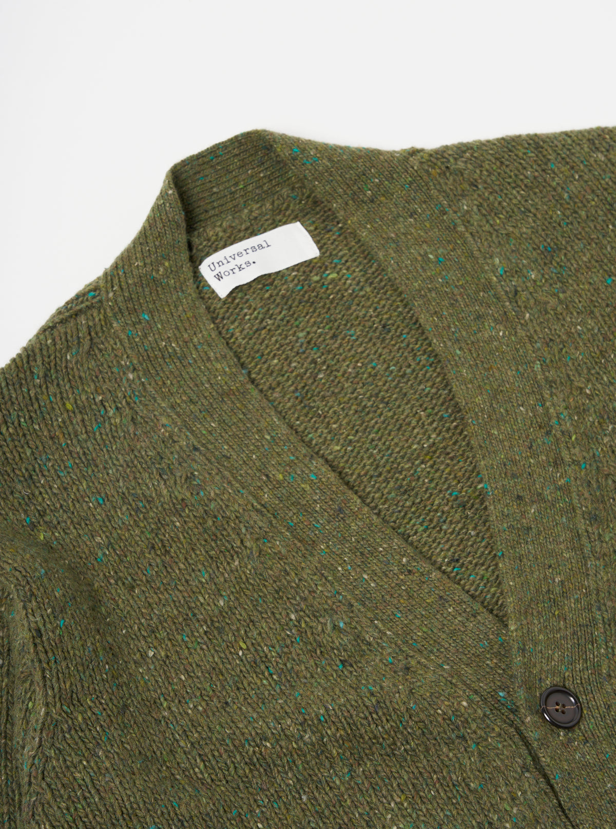 Universal Works Langdale Cardigan in Green Tweed Knit