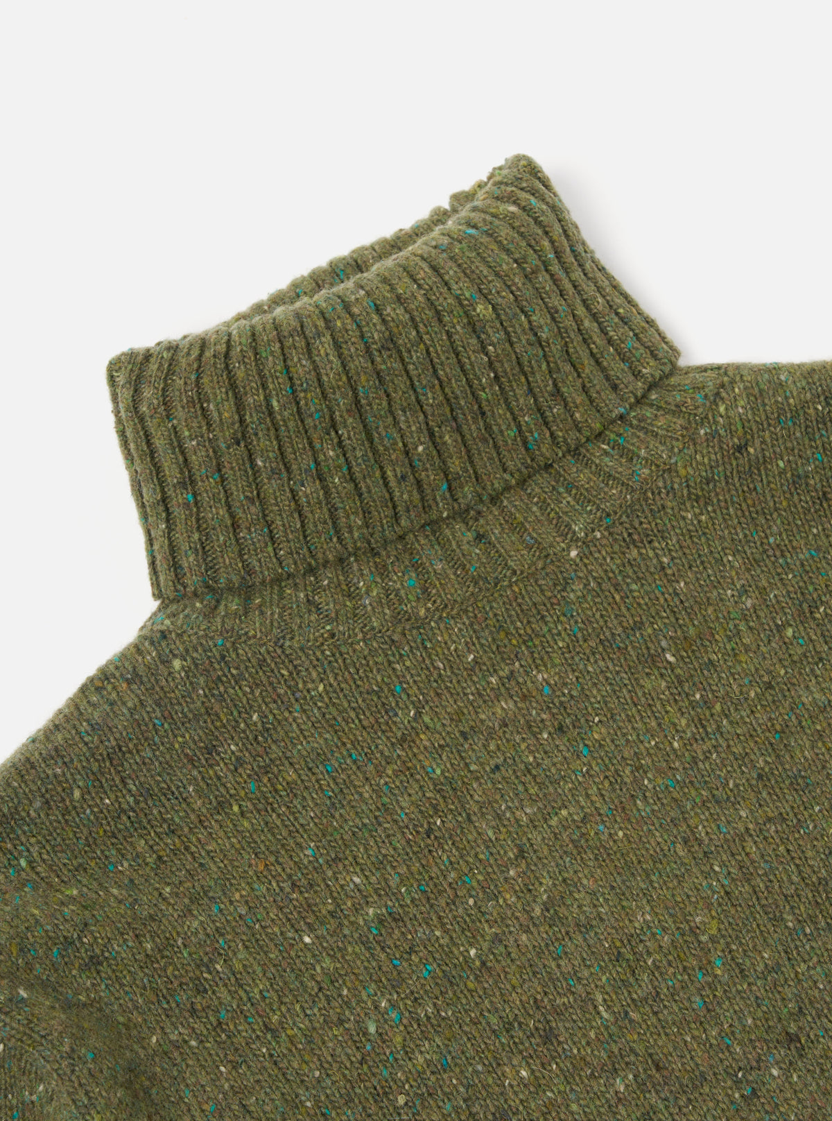 Universal Works Roll Neck in Green Tweed Knit