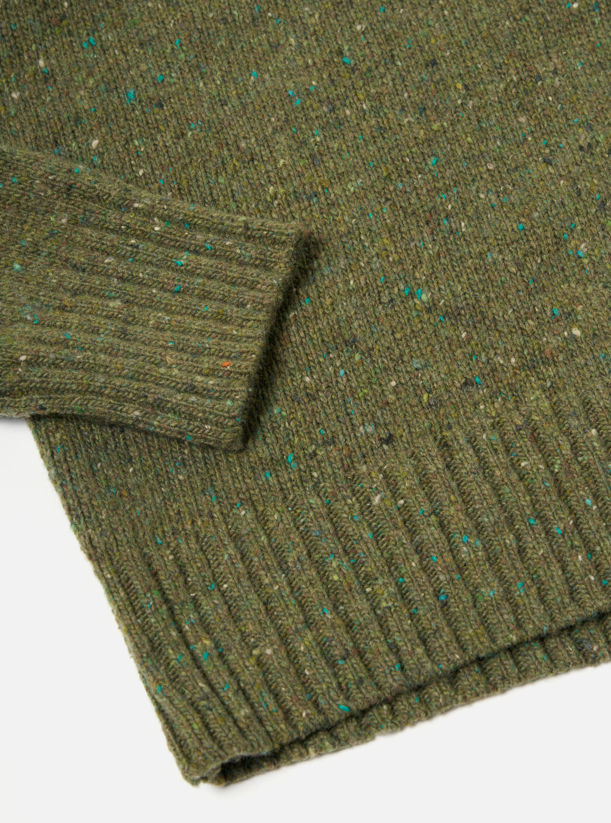 Universal Works Roll Neck in Green Tweed Knit