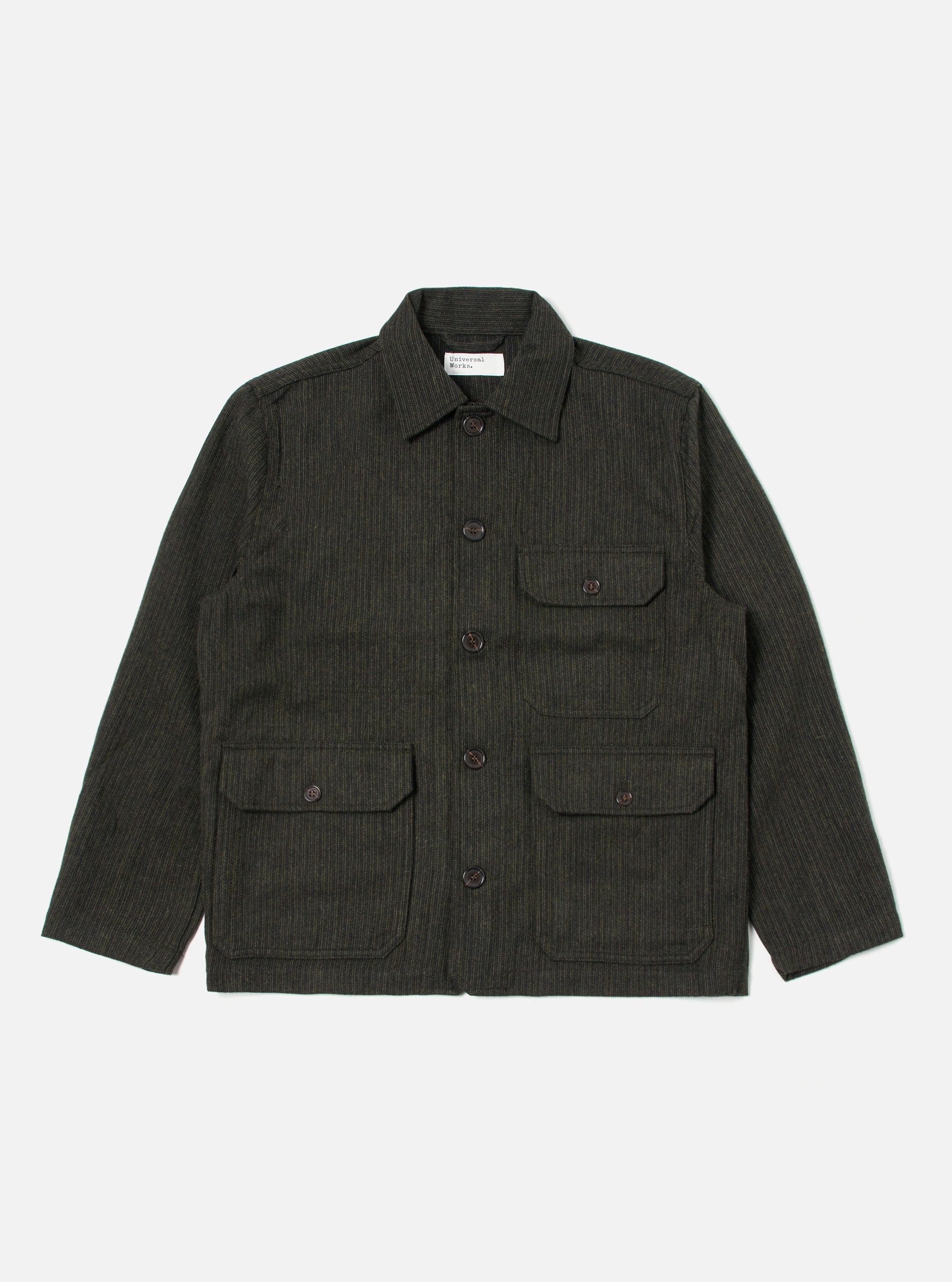 Universal Works Utility Jacket in Black/Olive Stripe Wool Mix