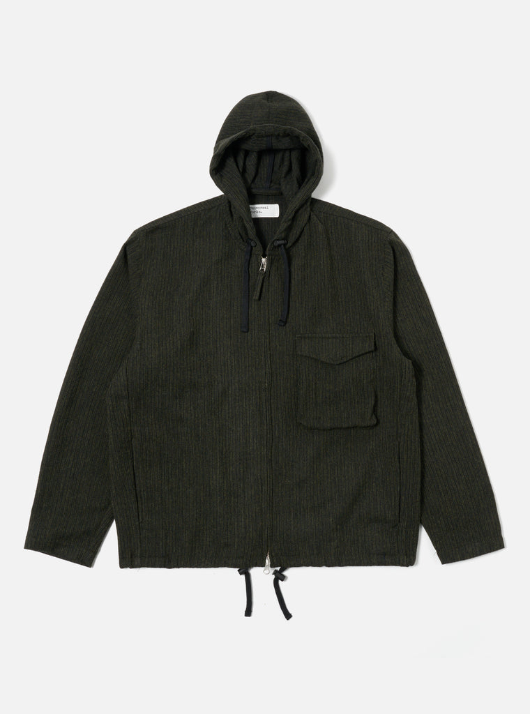 Universal Works Fistral II Jacket in Black/Olive Stripe Wool Mix