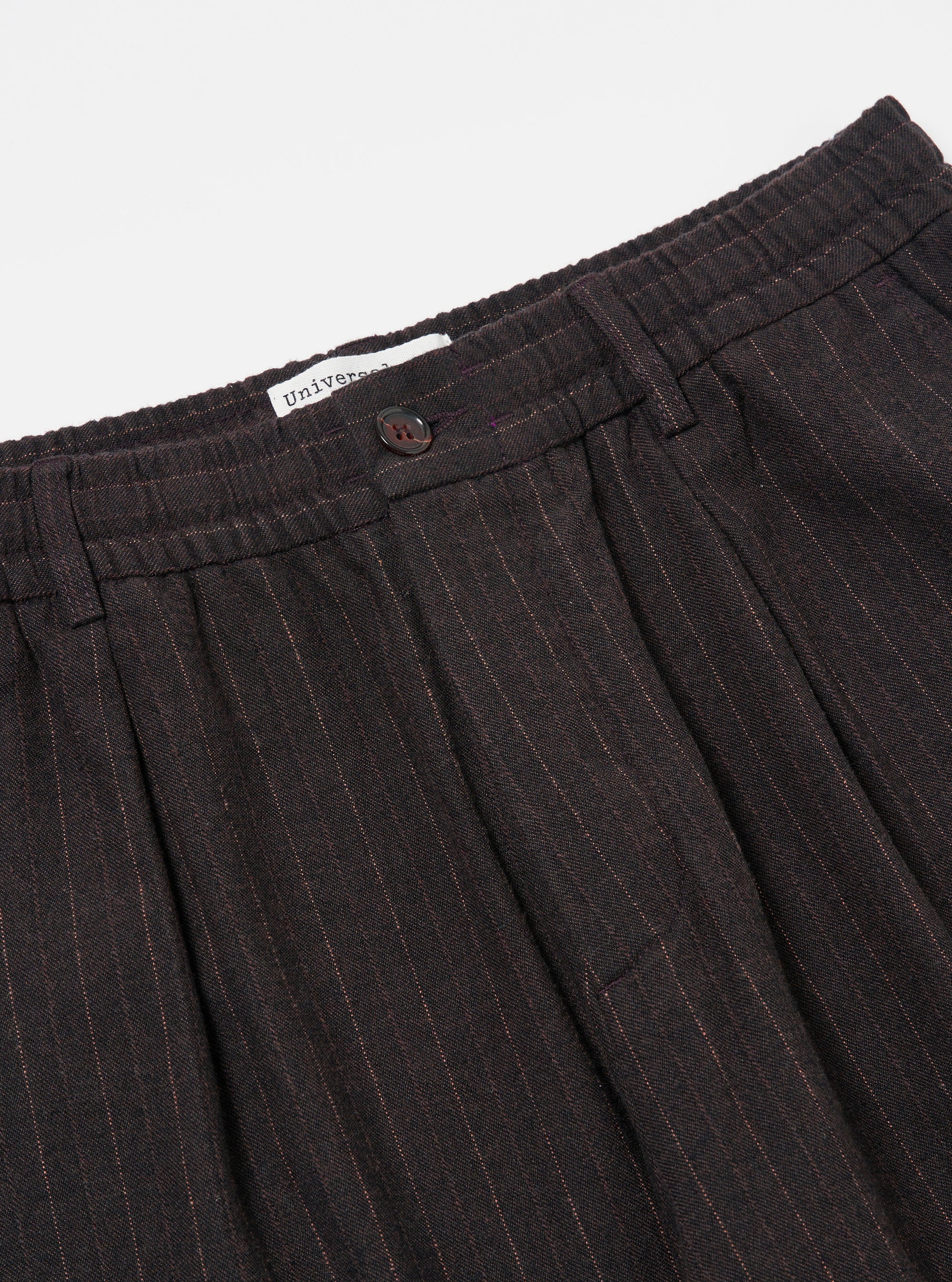 Universal Works Pleated Track Pant in Brown Italian Pinstripe