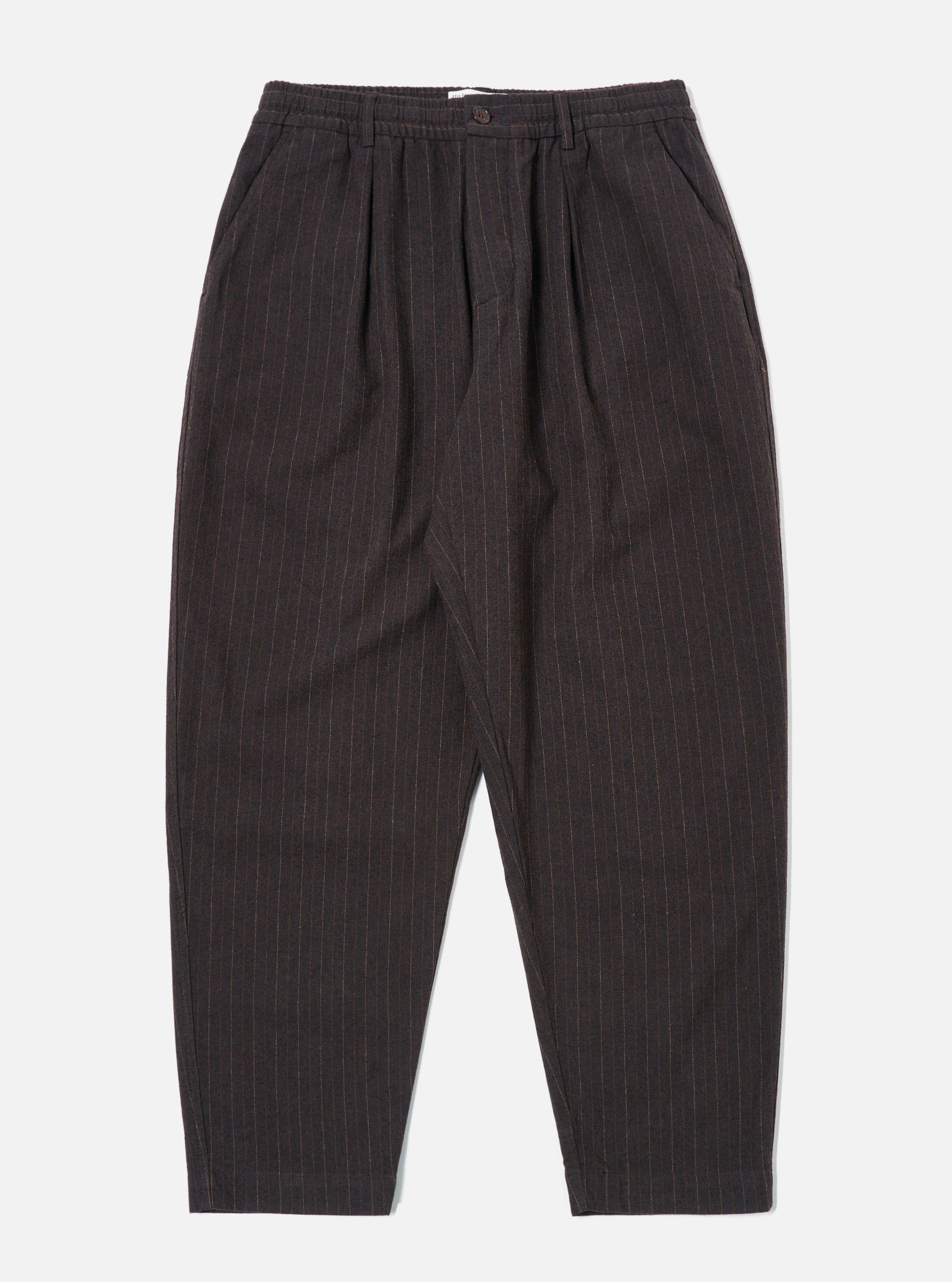 Universal Works Pleated Track Pant in Brown Italian Pinstripe