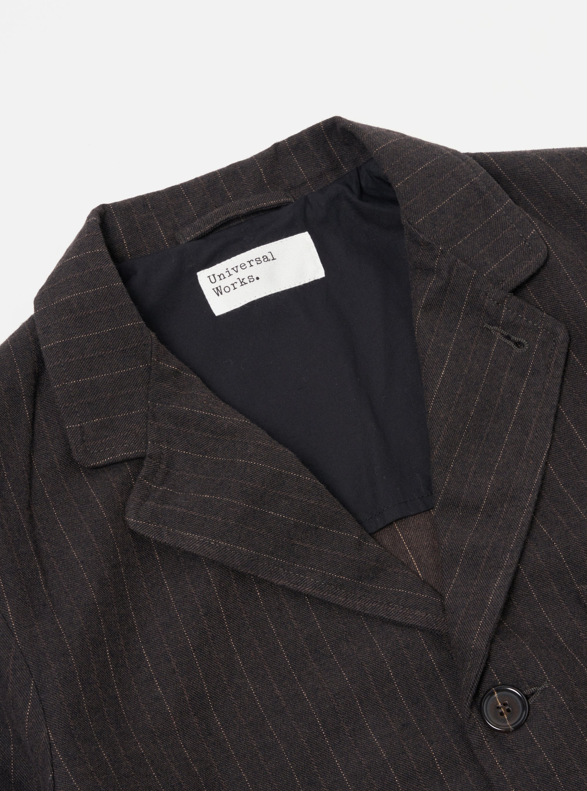 Universal Works Three Button Jacket in Brown Italian Pinstripe